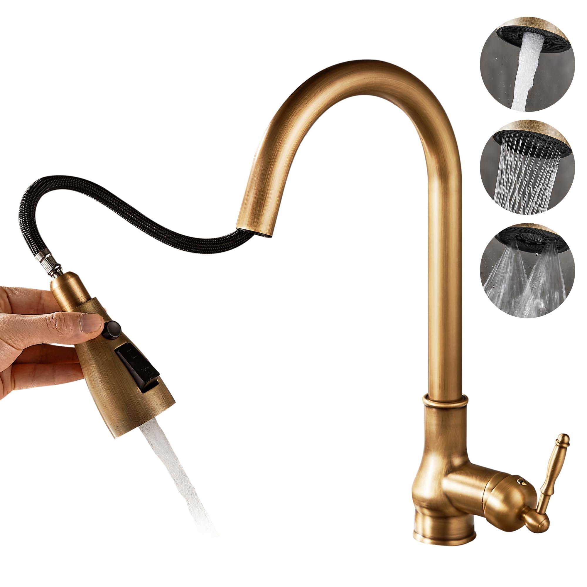 Vintage Brass Antique Bronze Kitchen Faucet Single Hole Copper Mixer Taps with Pull Down Sprayer (Stream,Spray,Powerful aquablade) (3 Functions Sprayer)