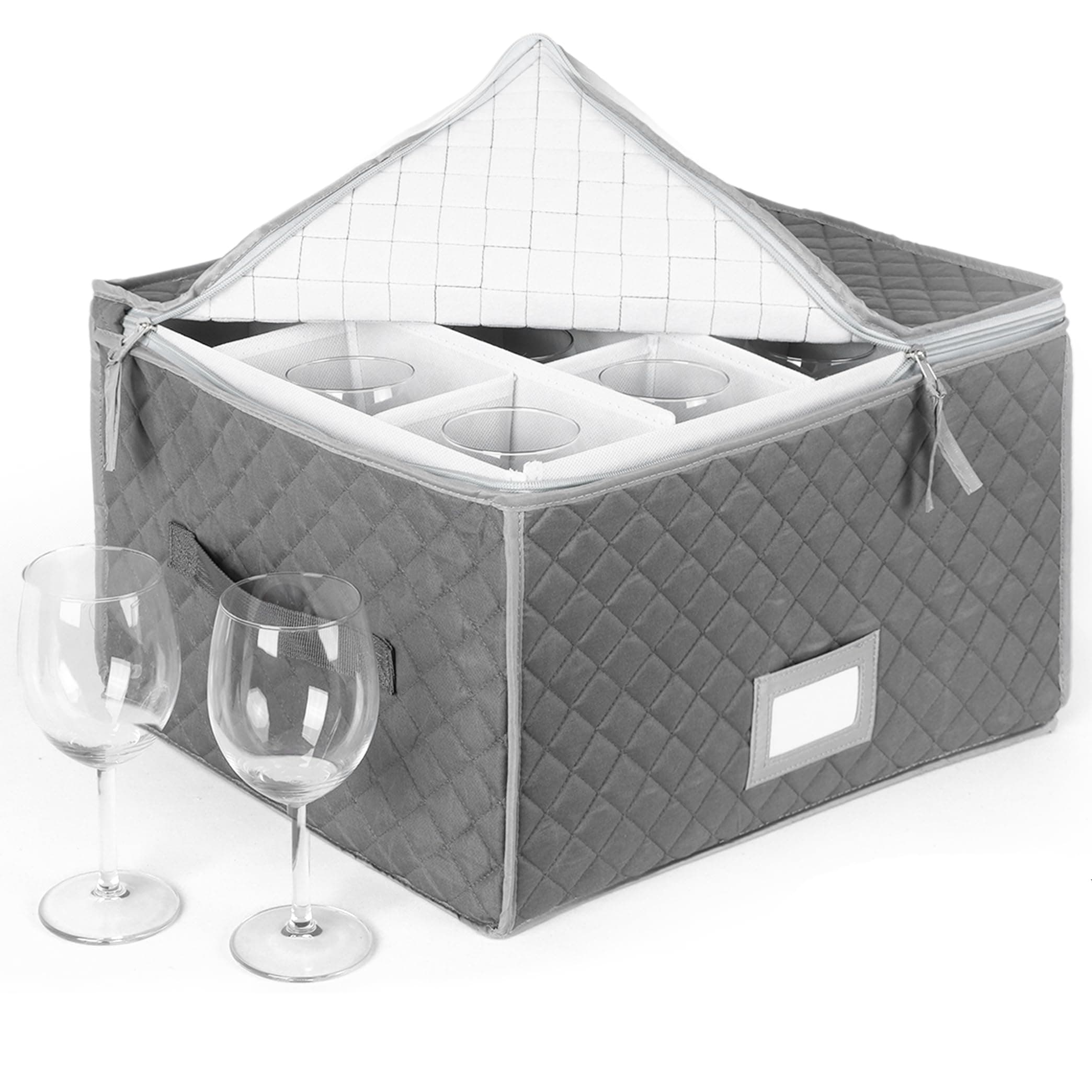 Stack Store Plus More Stemware Storage Case - Holds 12 Wine Glasses or Crystal Glassware with Label Holders and Fully Padded Inside - 16" x 13" x 10"H - Gray - Hard Sides and Stackable