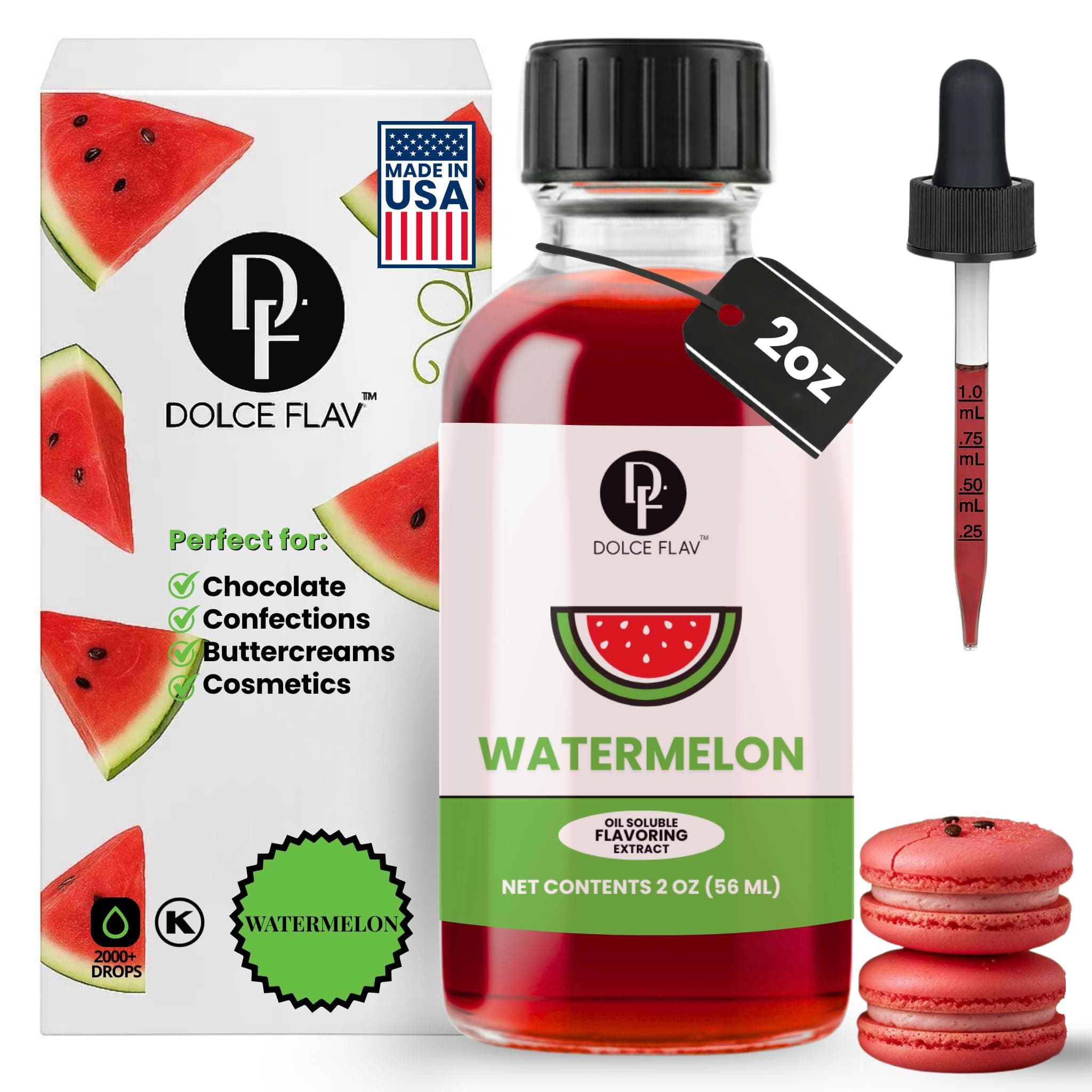 Dolce Flav Watermelon Extract – 2 Ounce Oil-Soluble Kosher, Sugar-Free, Concentrated Juicy Watermelon Flavoring for Baking, Chocolates & Desserts, Includes Measured Dropper