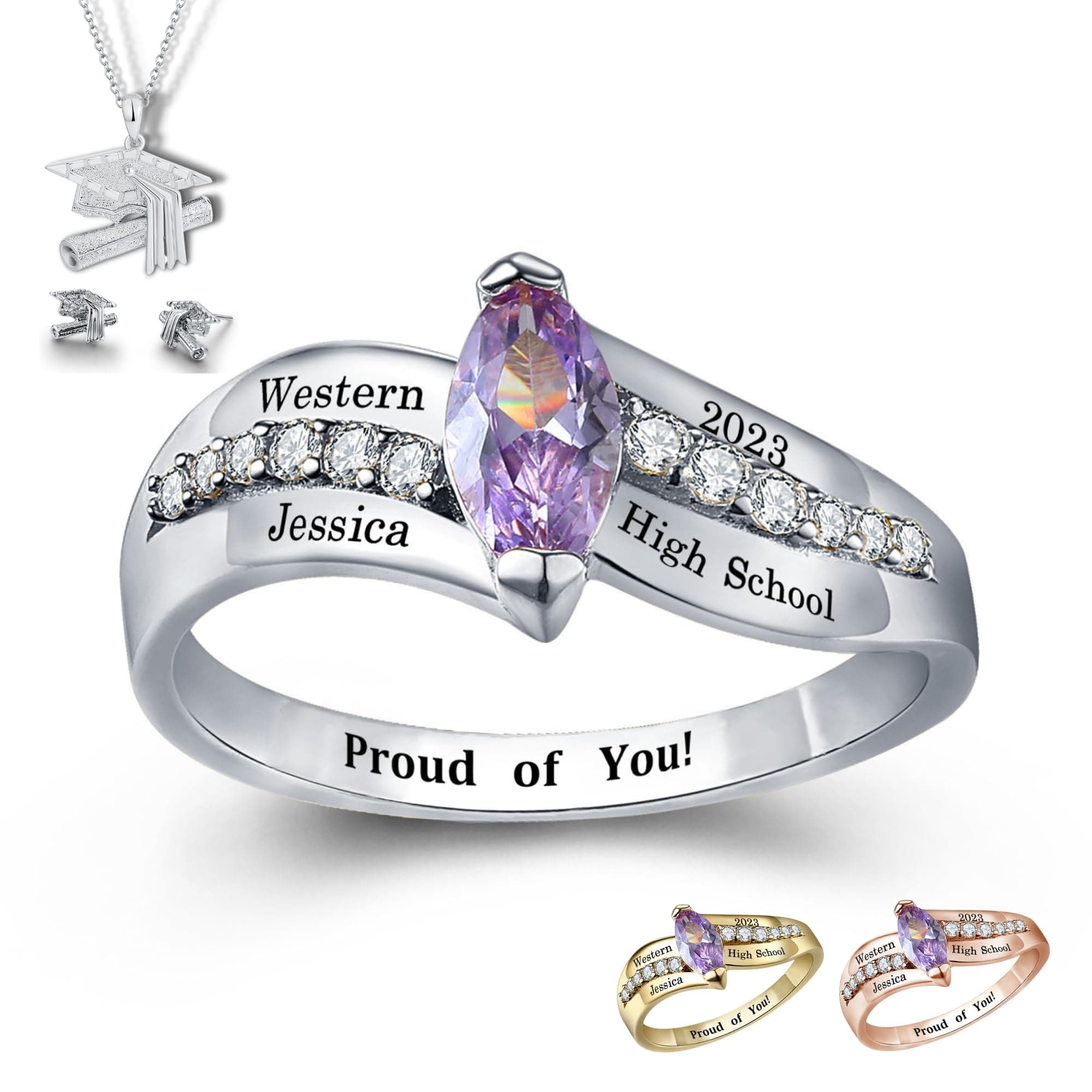 PJMMementos USA Premium Class Ring Authentic Class Ring for Women – Gem Collection – Genuine 925 Sterling Silver – Customized High School College University Women's Class Ring – Graduation Gifts