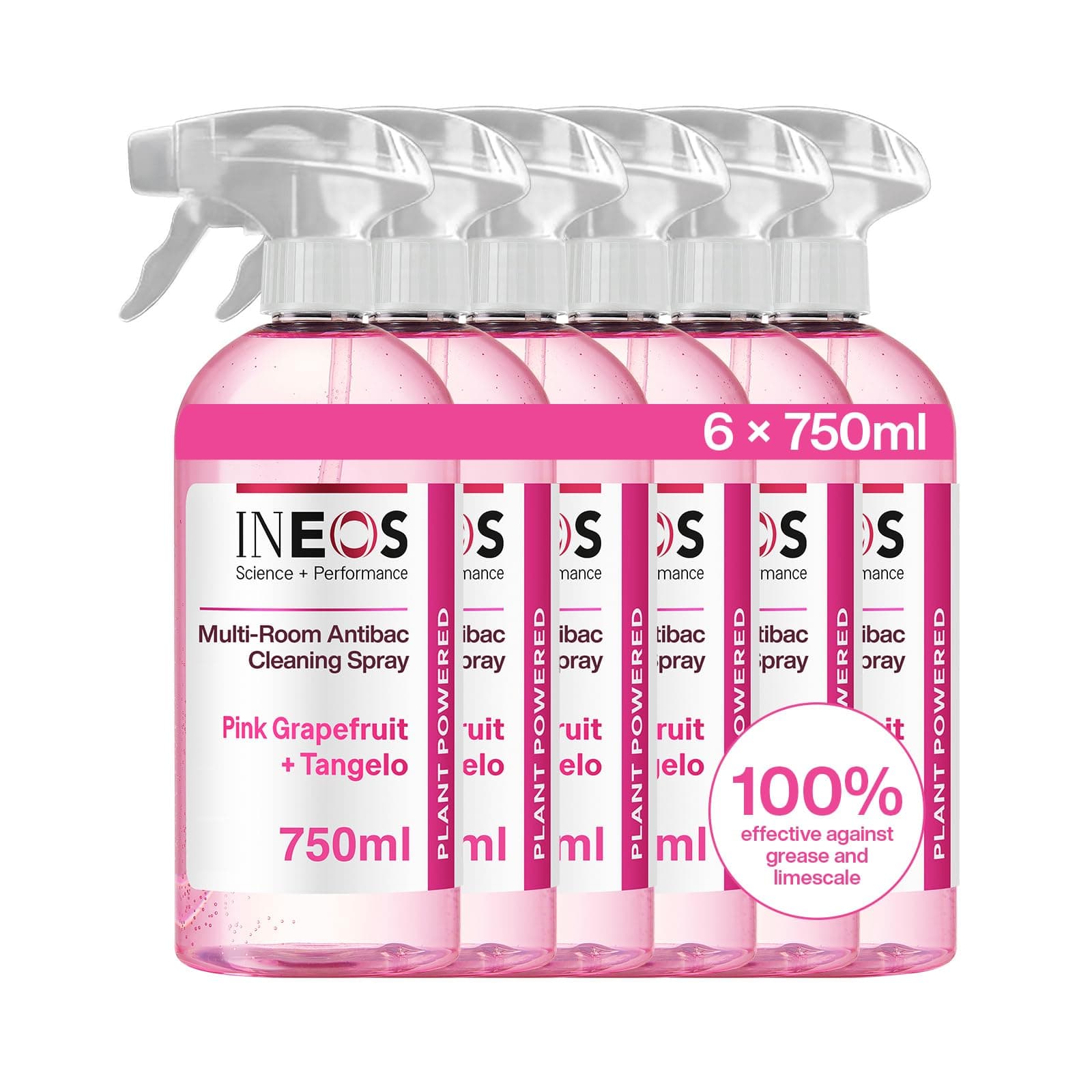 INEOS Next-Gen Cleaning Antibac Spray, 4.5L (750ml x 6), Multi-Room, Plant Powered, Limescale + Grease Remover, Kills 99.9% of Bacteria + Viruses, Pink Grapefruit + Tangelo, Packaging May Vary
