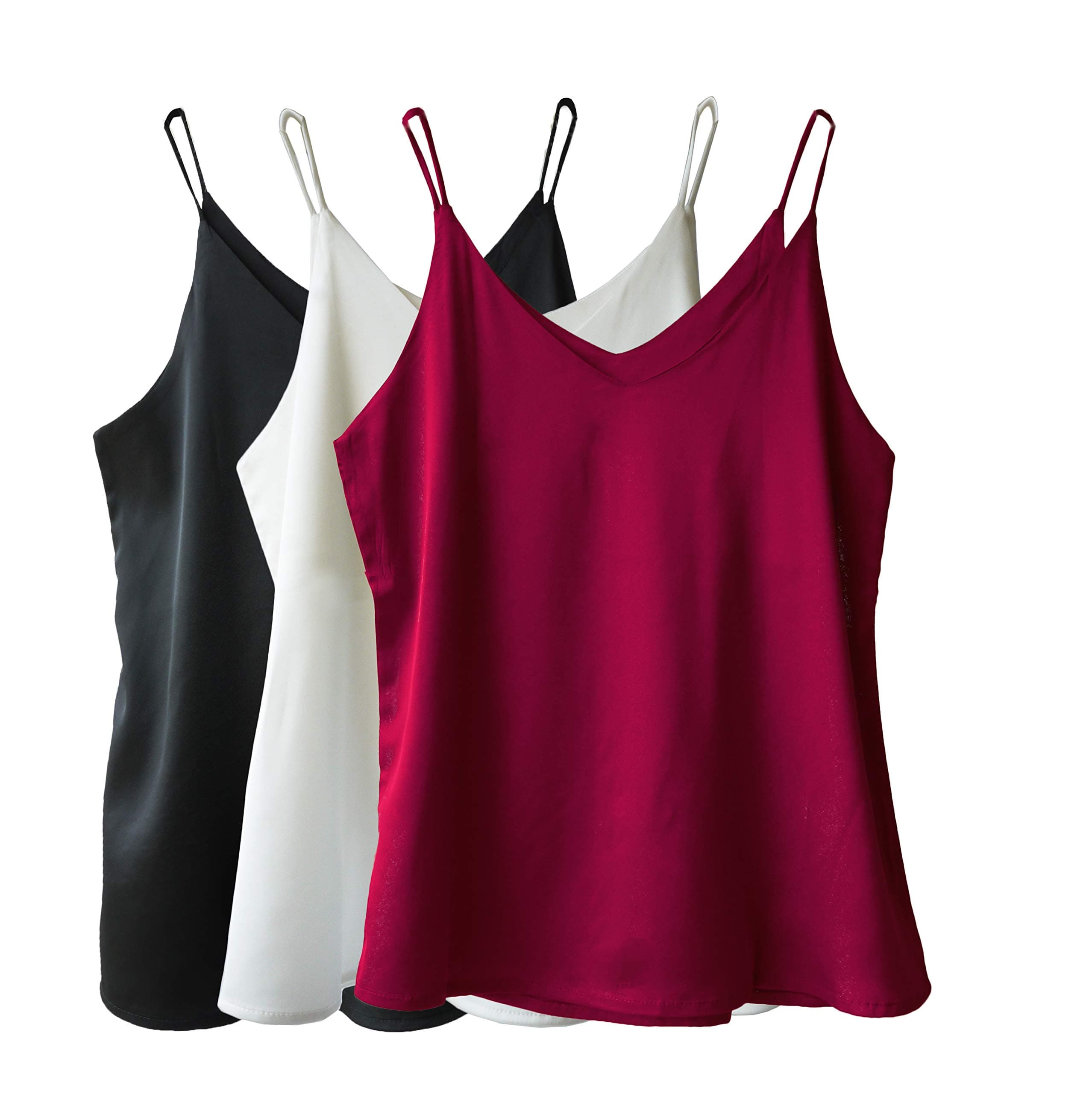 Wantschun Womens Silk Satin Camisole Cami Plain Strappy Vest Top T-Shirt Blouse Tank Shirt V-Neck Spaghetti Strap US Size 2XS;Black+Wine Red+White