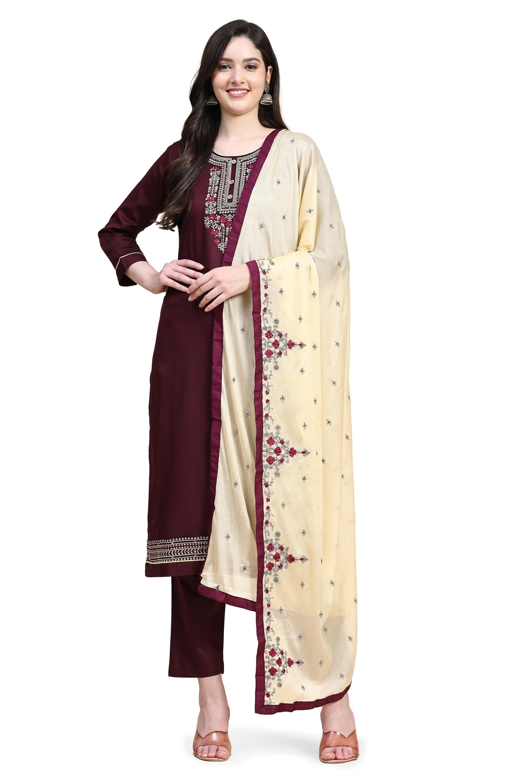 TRENDMALLS Women's Jam Cotton Embroidery Salwar Suit Set Kurta Pant with Dupatta Purple Kurta Set for Women