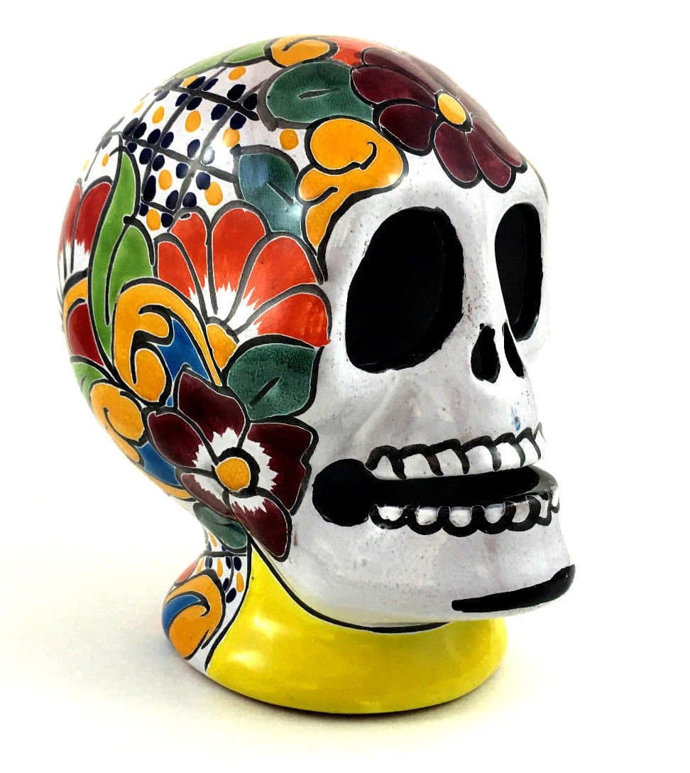 Day-of-the-Dead Hand-Painted Talavera Ceramic Skull, Medium (Yellow)