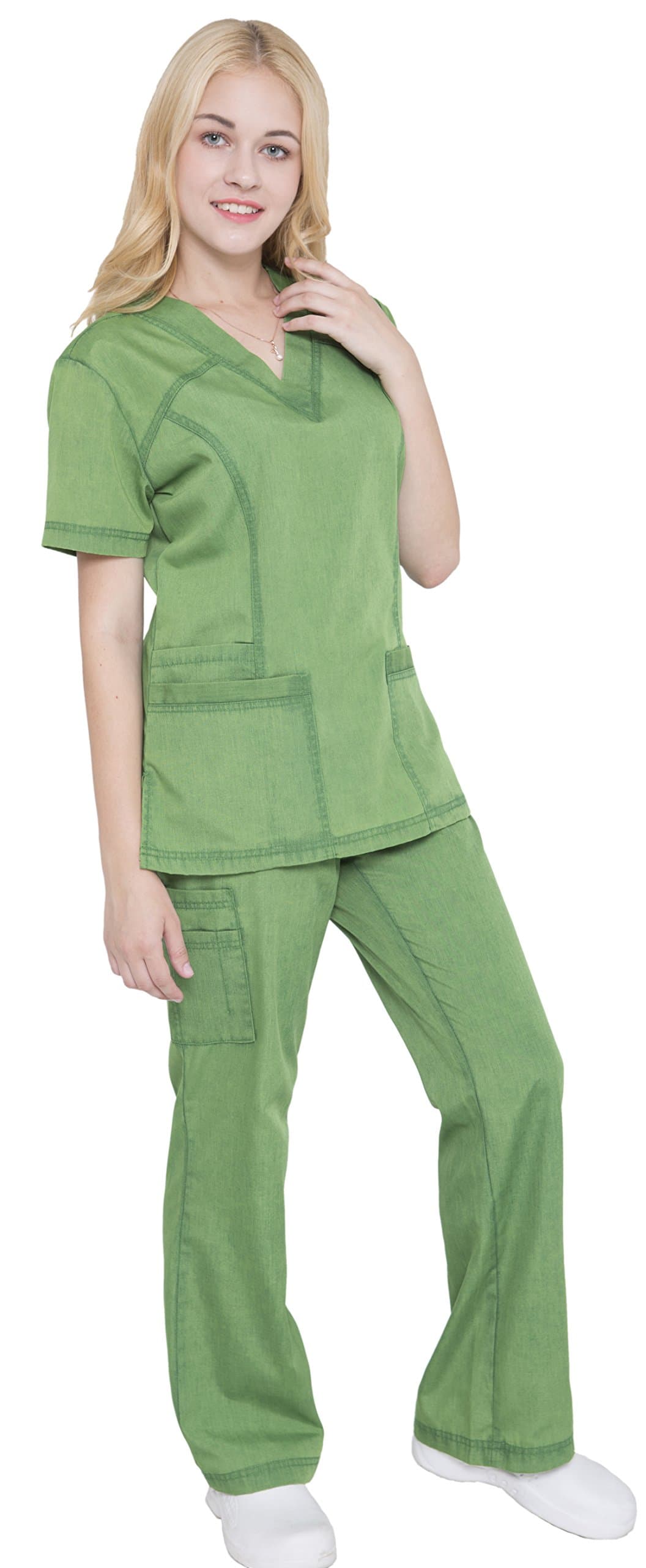 Jeanish V Neck Scrubs Set Superior Softness Washed Lady Women Scrubs Workwear Top and Pants JS1605