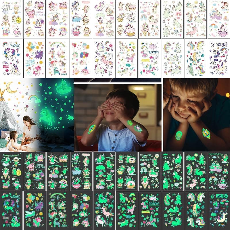 20 Sheets Temporary Tattoos Sticker Glow Temporary Tattoos Unicorn Toy,Waterproof Luminous Tattoo Sticker, Unicorn Stickers Temporary Birthday Party Supplies Decoration
