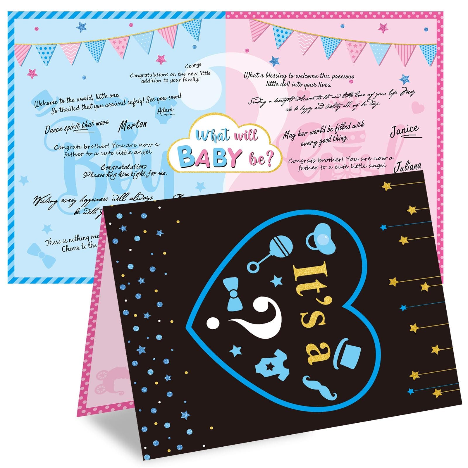 - Gender Reveal Games for Guests Gender Reveal Boy or Girl Decorations Guests Write Blessing for Baby and Sign on The Prediction Guestbook Cards Baby Q Ideas Games Party Supplies