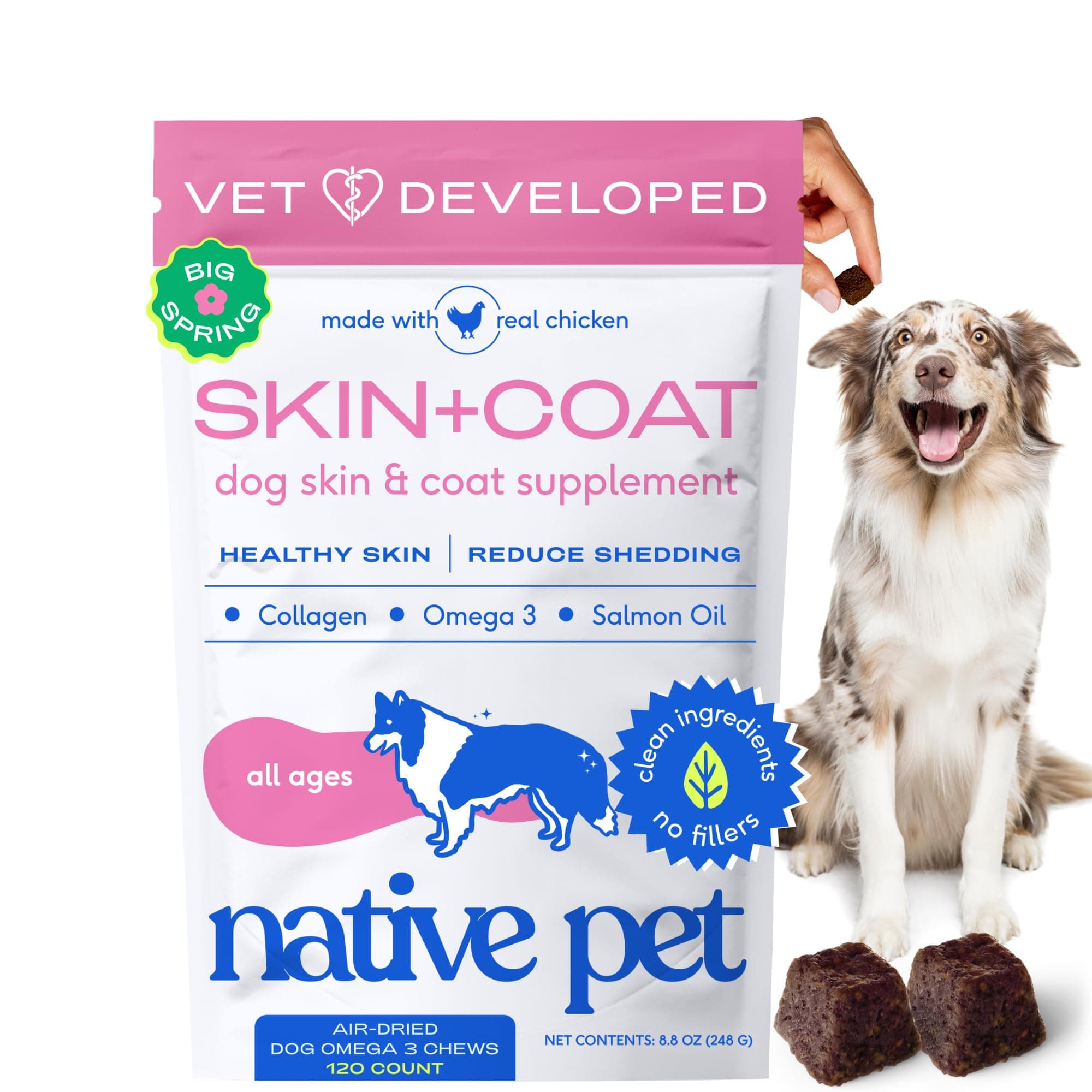 Skin & Coat Chews - Omega 3 Fish Oil for Dogs Skin & Coat Supplement - Itch Relief, Shiny Fur & Shedding Support - Collagen, Hyaluronic Acid, Biotin, Probiotics & Salmon Oil - 120 Chews