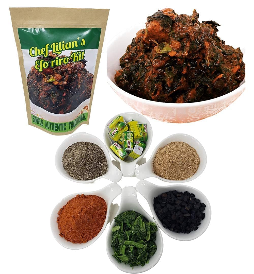 Chef Lilian's Efo Riro Kit- Nigerian West African Soup Kit with Pepper mix, Iru (locust bean), Crayfish, Seasoning Cubes, Hot Chili powder and Dehydrated Spinach, Soup Mix 5 Servings (Pack of 1)