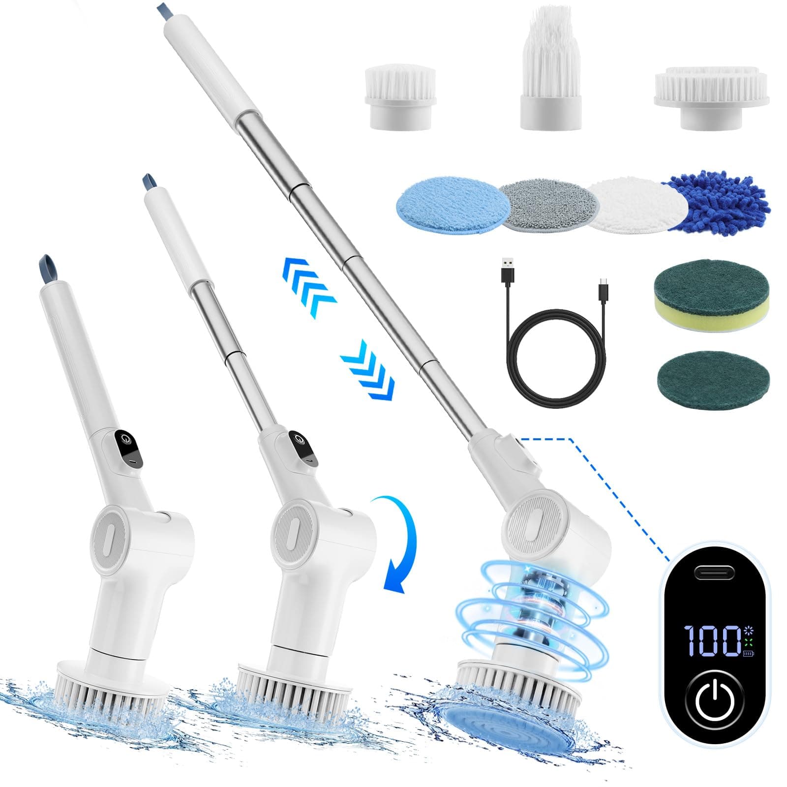 Electric Spin Scrubber, Cordless Shower Power Brush for Cleaning, 47" Long Hidden Retractable Handle, 9 Replacement Heads, 6 Adjustable Angles, for Bathroom Kitchen Tile Floor Window Car
