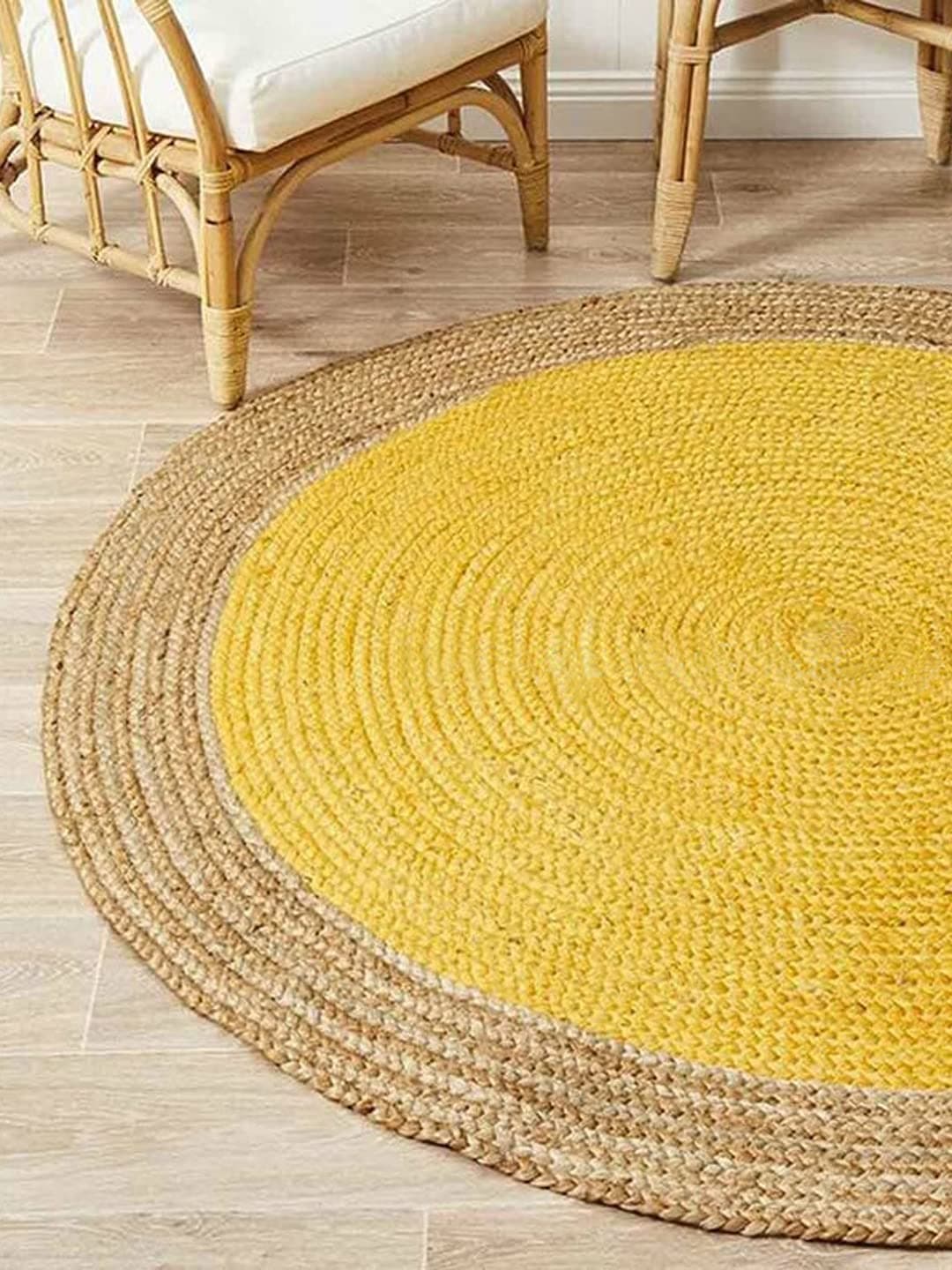 Habere India-All the Cultures Fabricating India Jute Carpet for Living Room, Round Floor Mat, Rugs, Centre Table Carpet (Pure Jute - Yellow Color, 3x3 FT Round)