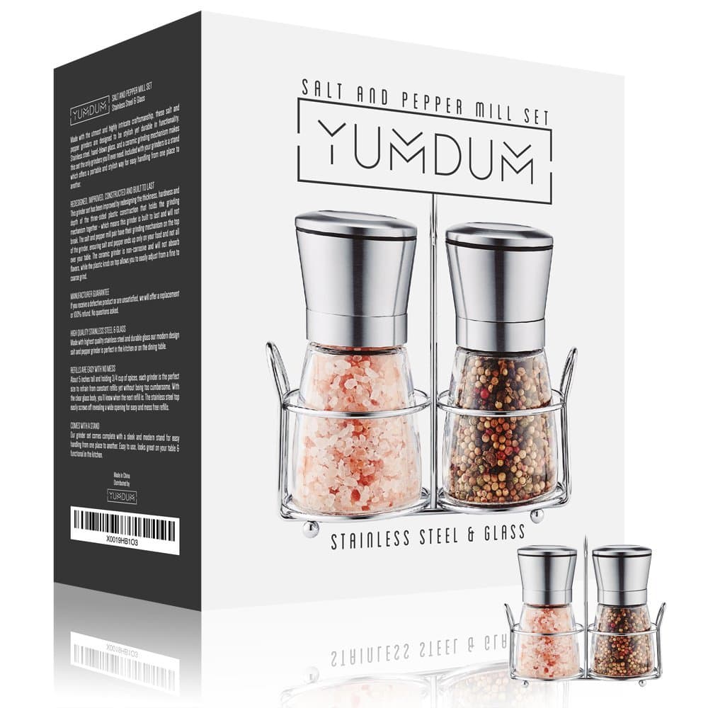 Premium Stainless Steel Salt and Pepper Grinders with Matching Stand- Salt and Pepper Glass Shakers - Spice Grinder with Adjustable Coarseness