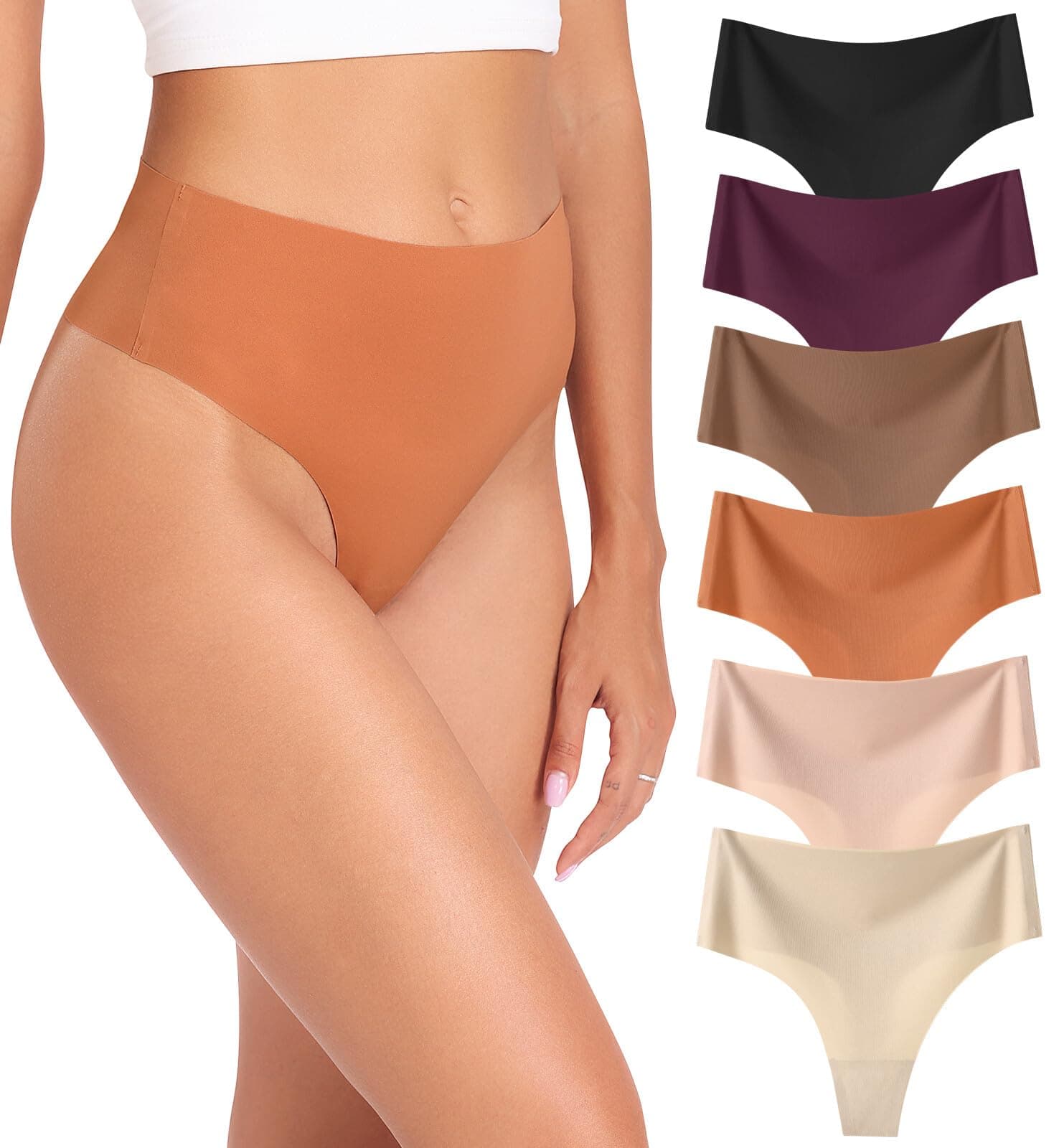 Wealurre Womens Underwear High Waisted Seamless Thongs for Women Breathable No Show Panties for Ladies 6 Pack