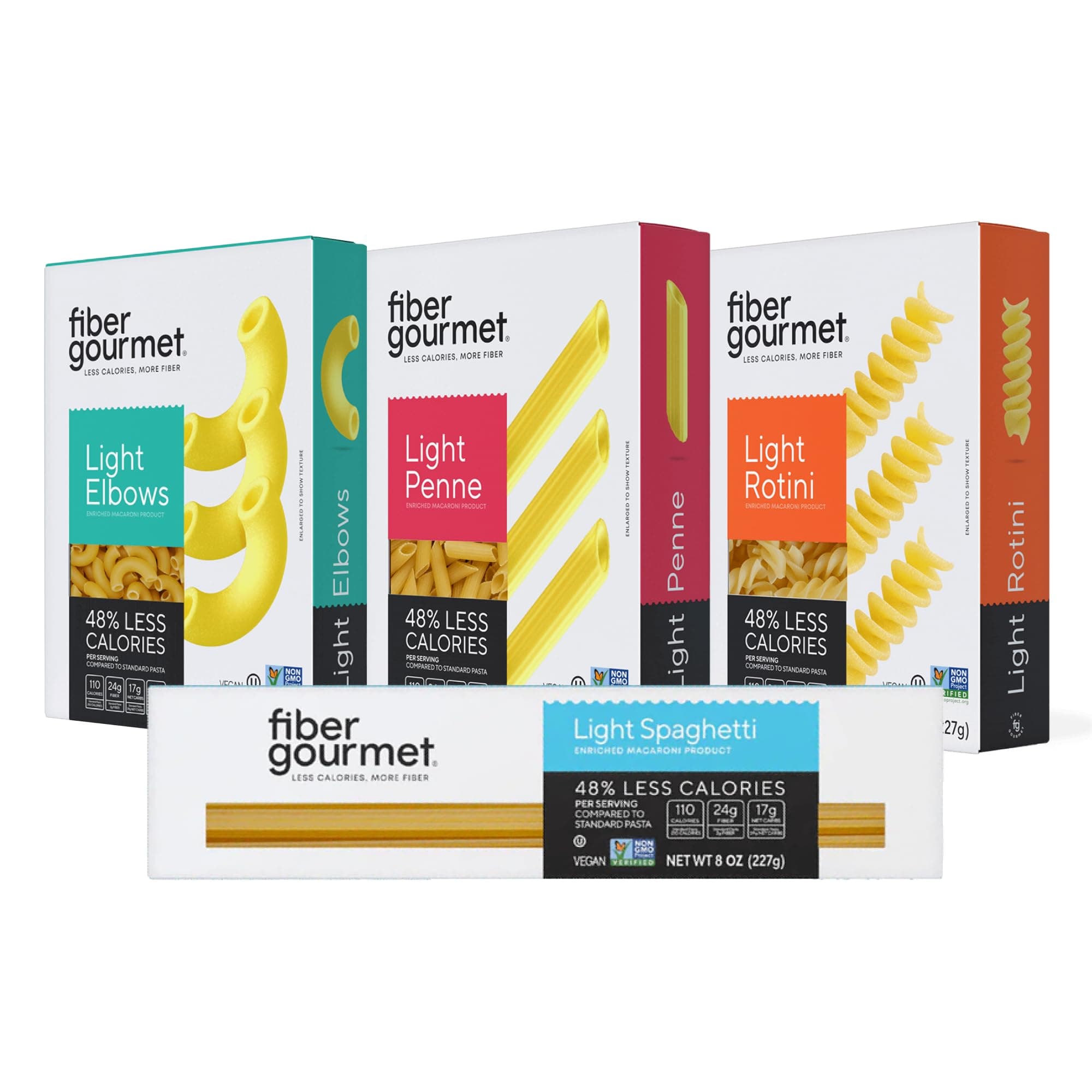 Fiber Gourmet Low Carb Pasta Variety Pack - Spaghetti, Rotini, Penne, Elbows - High Fiber, Keto Friendly, Non-GMO, Vegan, Kosher - Made in Italy with 48% Fewer Calories and Reduced Net Carbs