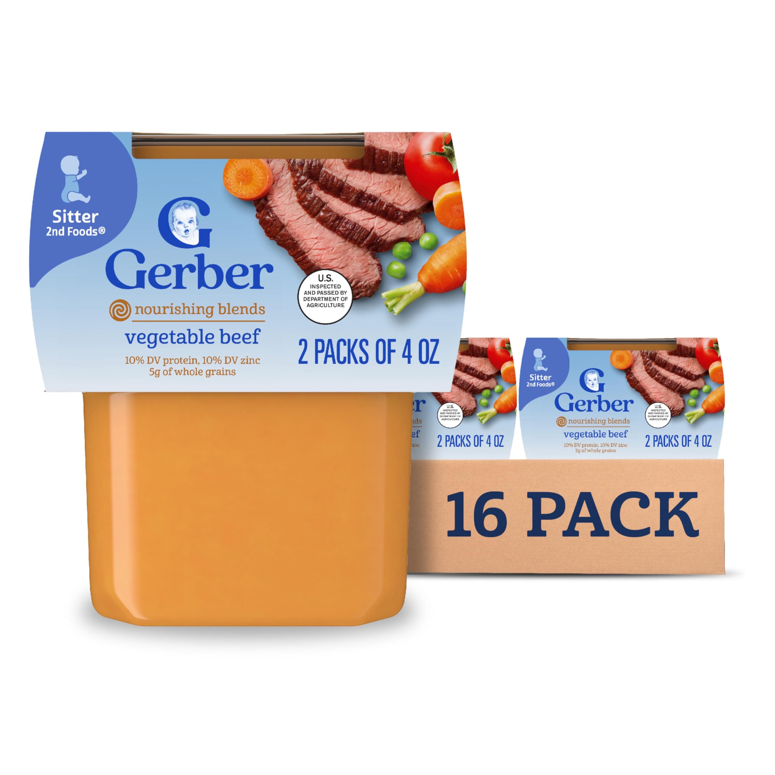 Gerber Stage 2 Baby Food, Beef Vegetable Puree Tub, Nourishing Blends, No Added Colors or Flavors, Baby Puree, 16-Pack