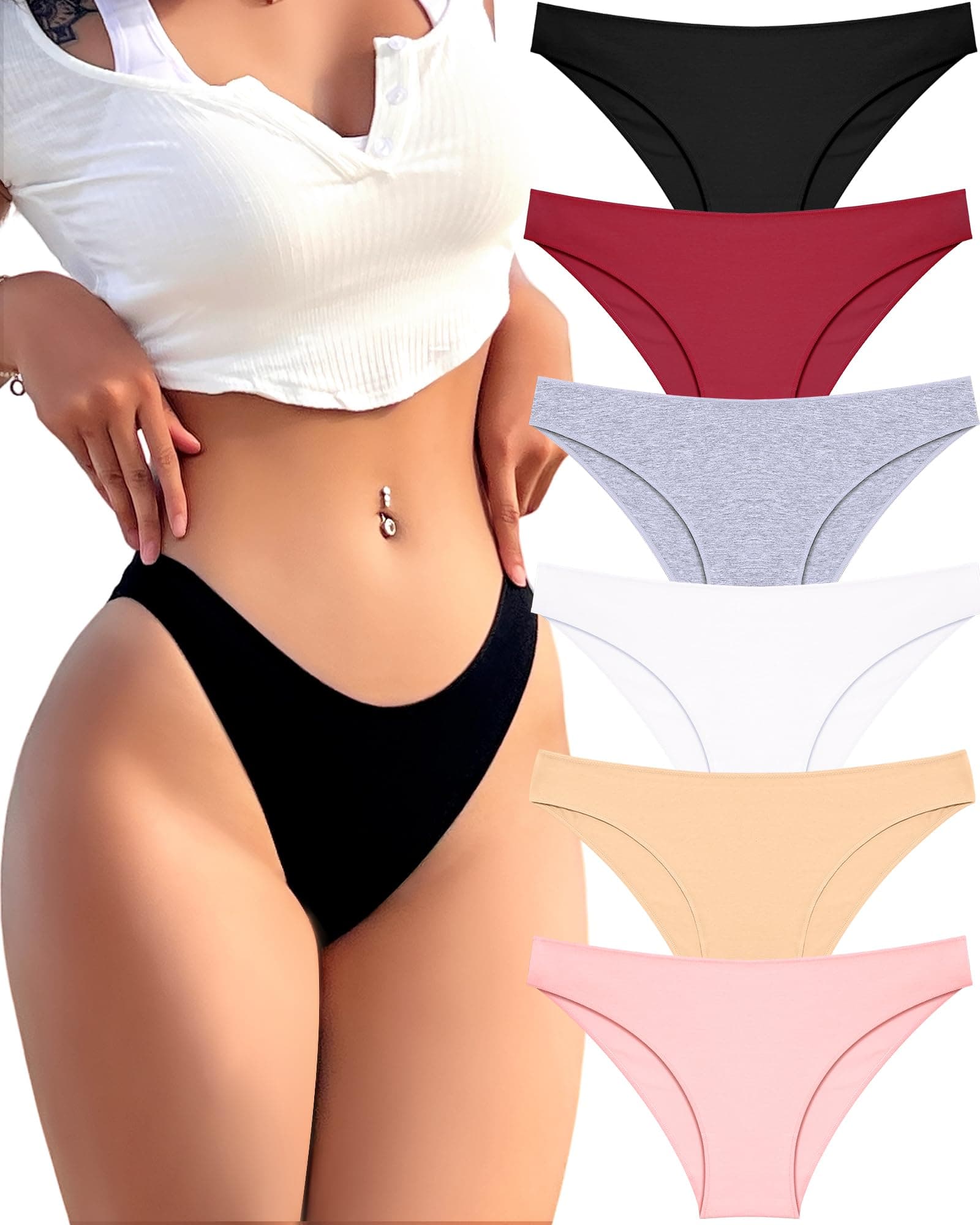 - 6 Pack Cotton Underwear for Women Cute Low Rise Bikini Panties High Cut Breathable Sexy Hipster Womens Cheeky S-XL