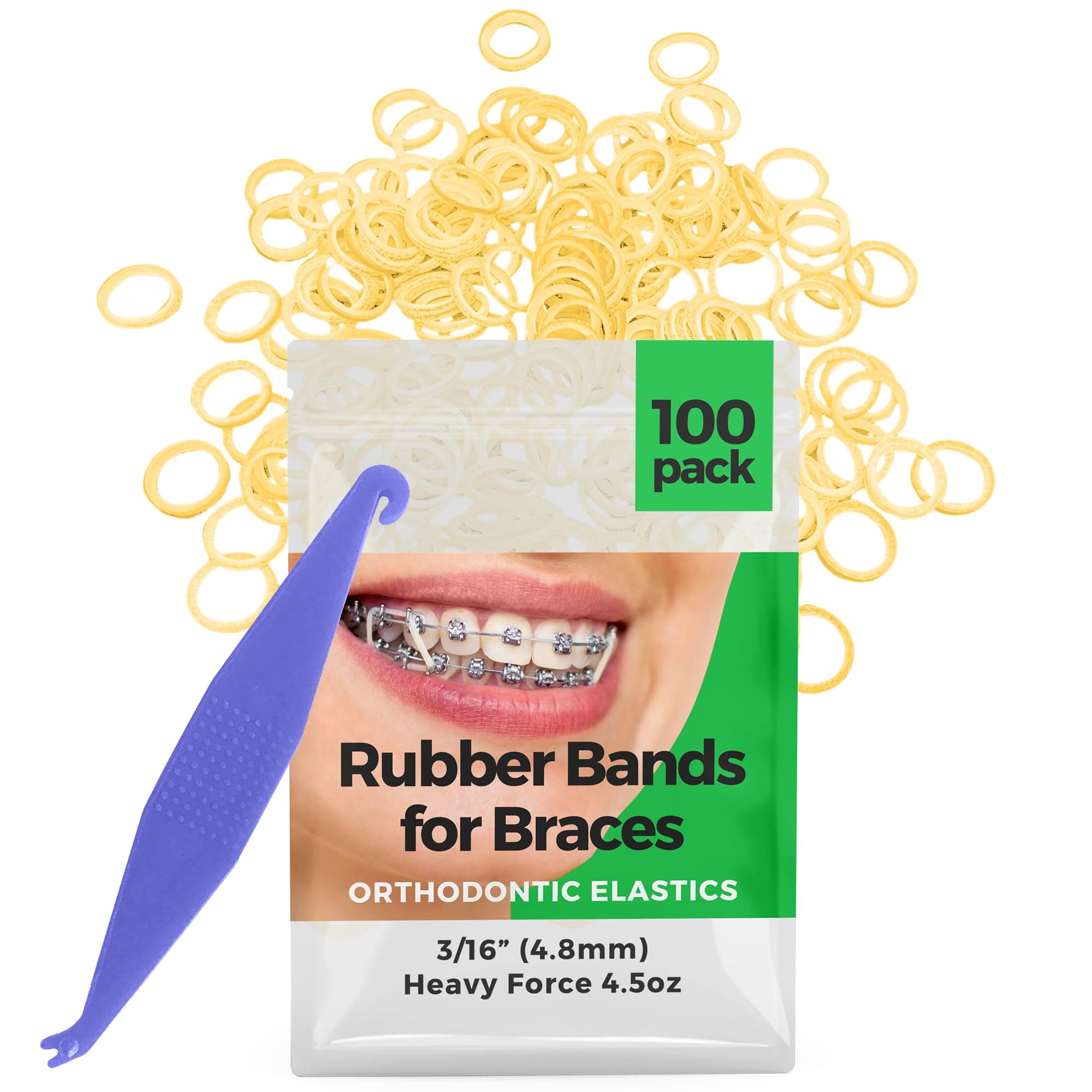 3/16" inch Orthodontic Elastic Rubber Bands, 100 Pack, Natural, Heavy Force 4.5 oz, Small Rubberbands for making bows, Dreadlocks, Dreads, Doll Hair, Braids, Horse Mane, Horse Tail, Fix Tooth Gap in teeth, Top Knots + FREE Elastic Placer for braces
