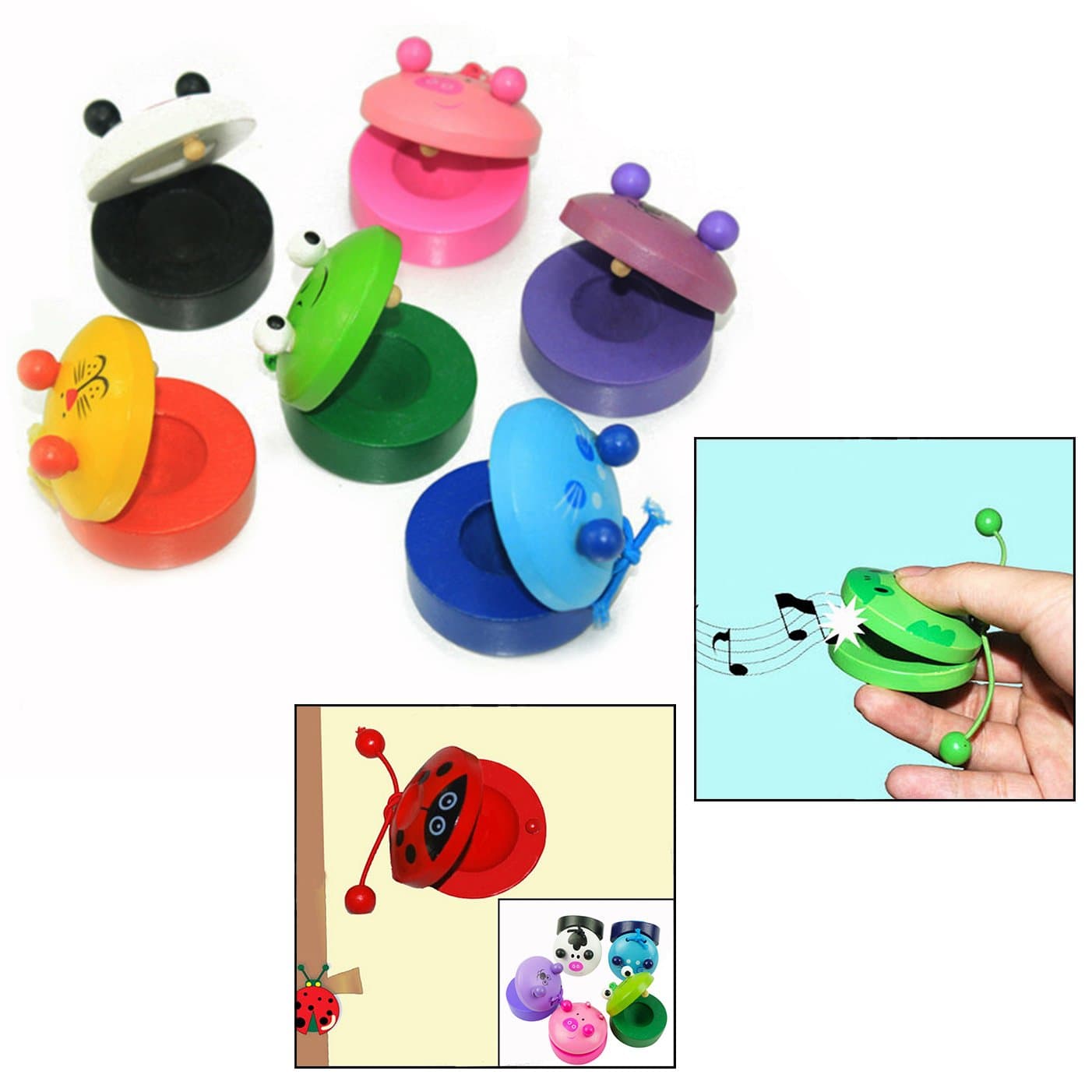 Castanets, 6 Pcs Wooden Cartoon Animal Musical Instruments for Baby Children Kids' Early Education