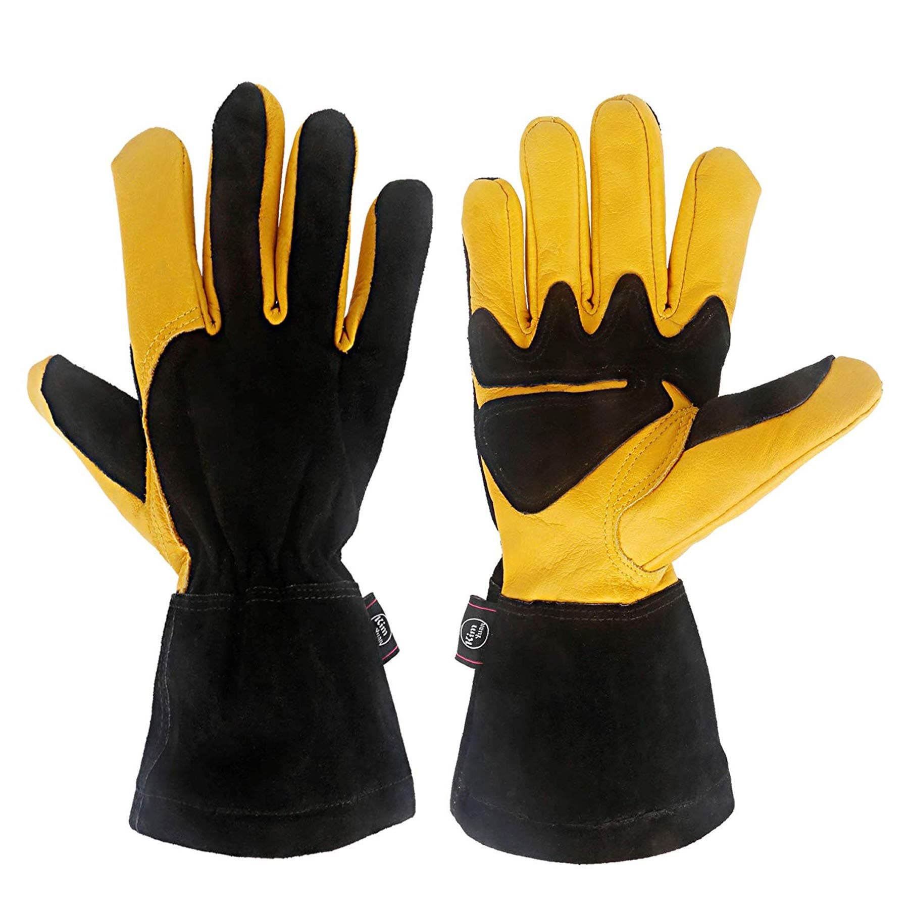 Kim Yuan Leather Gardening Gloves, Anti-Scalding, Heat-Insulating, Comfortable Work Gloves for Oven, Electric Welding, Black-Yellow 14 inches 1 Pair