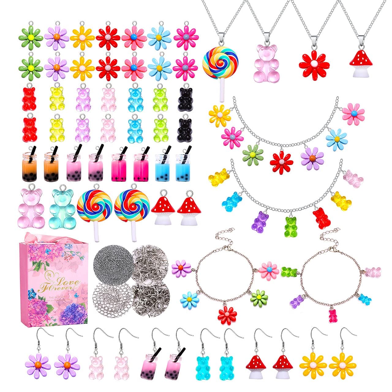 Charm Bracelet Making Kit,Colorful Gummy Candy Bear Milk Tea Lollipop Flower Pendant Charms Cute Funny Mushroom Earring Necklace DIY Jewelry Craft Making for Girls Teens