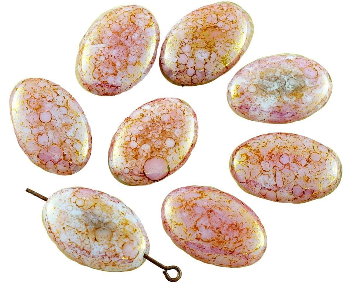 4pcs Large Picasso Valentine Pink Opal Terracotta Czech Glass Flat Oval Beads Wedding 20mm x 14mm