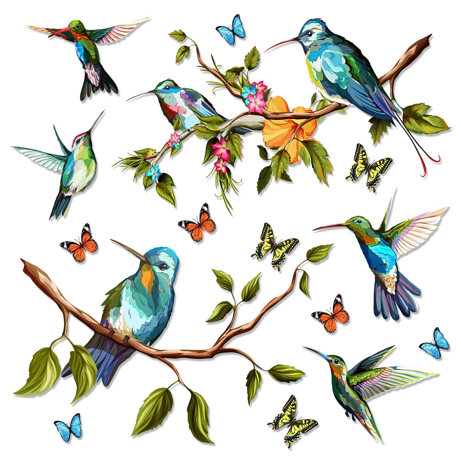Hummingbird Wall Decal Peel and Stick Bird Flower Wall Stickers Decor, Butterfly, Plant Vinyl Glass Wall Decals for Home, Removable Sticker for Bedroom, Window, Outdoor