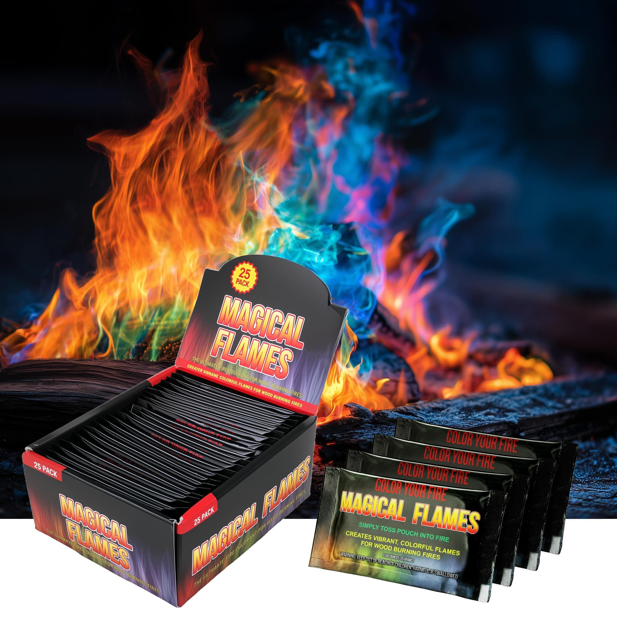 Magical Flames Fire Color Changing Packets for Campfires, Fire Pit, Outdoor Fireplaces - Camping Essentials for Kids & Adults - 25 Pack