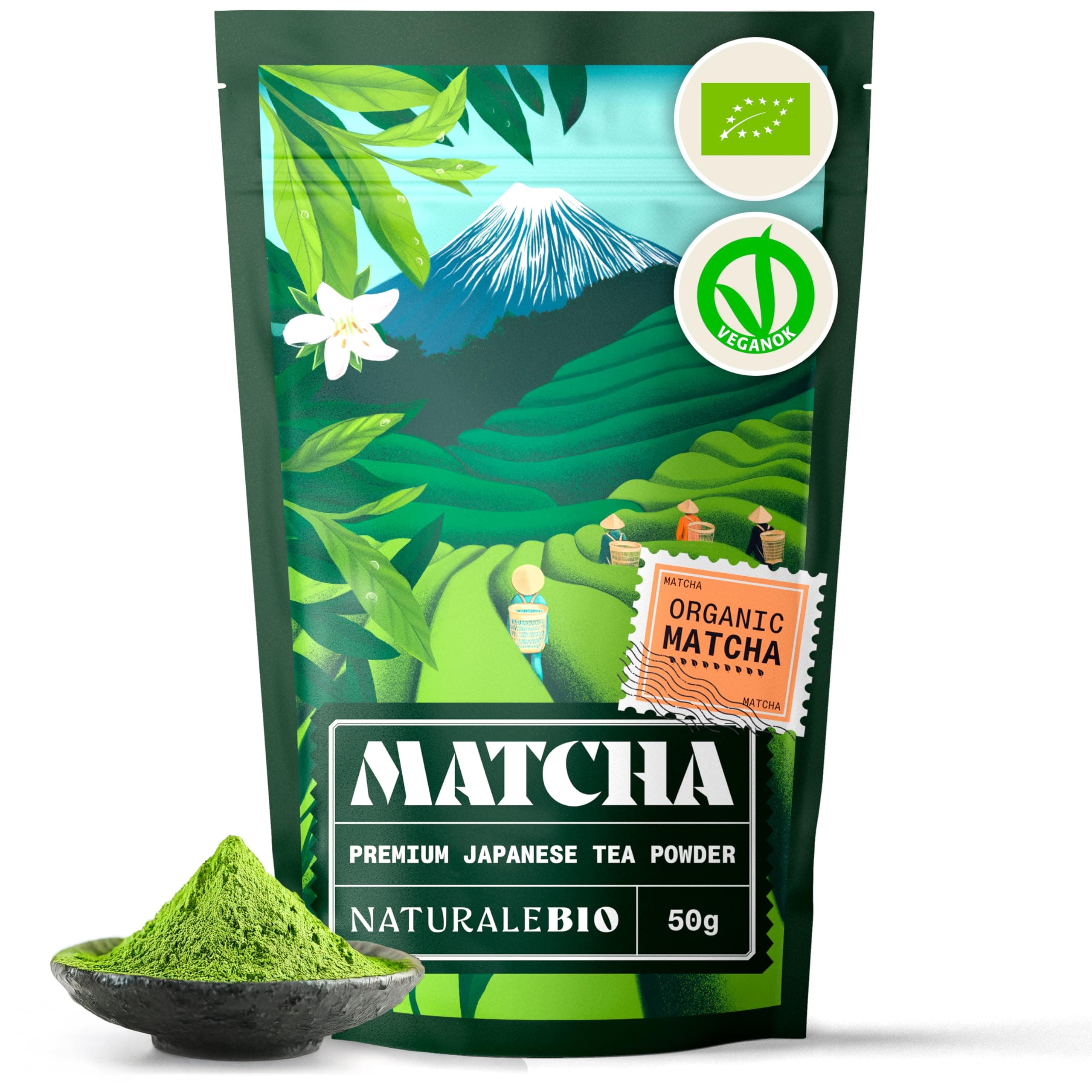 Japanese Organic Matcha Green Tea Powder - Premium Grade - 50g. Tea Produced in Japan, Uji, Kyoto. Use for Drinking, Smoothie Making and with Milk. Vegan & Vegetarian Friendly