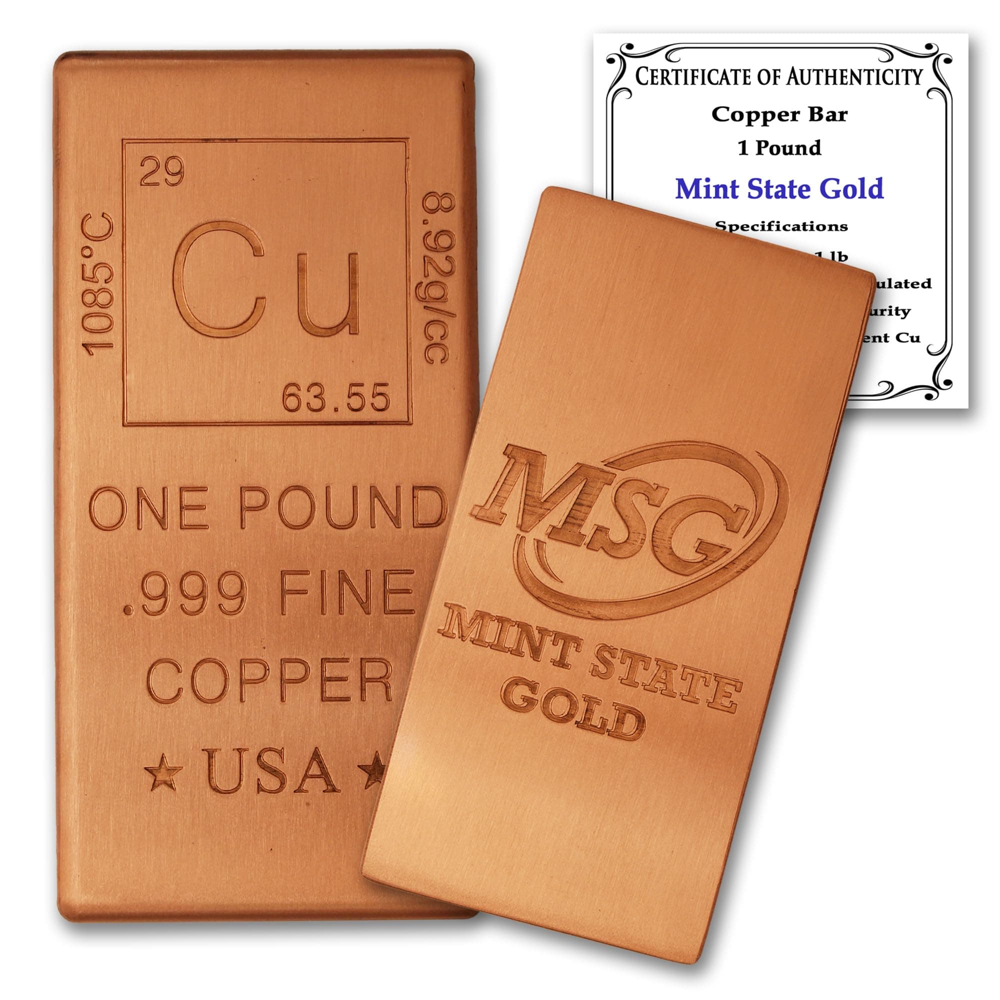 MINT STATE GOLD 1 lb (Flat Style) .999 Copper Bullion Bar with Periodic Table Element Design