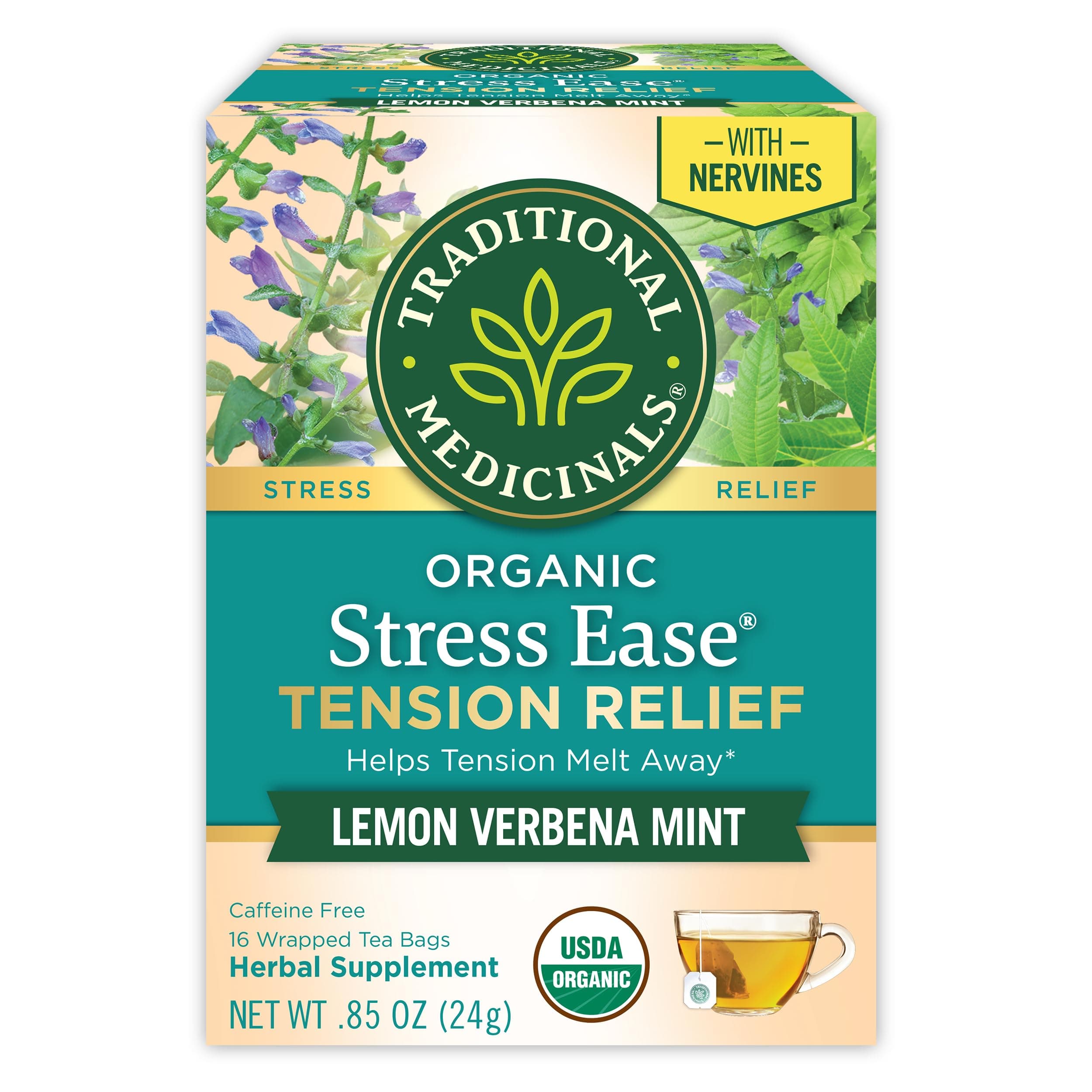 Organic, Stress Ease Tension Relief, Lemon Verbena Mint Tea - Supports Stress Relief - Kosher, Non-GMO, Caffeine-Free, Compostable - 16 Tea Bags