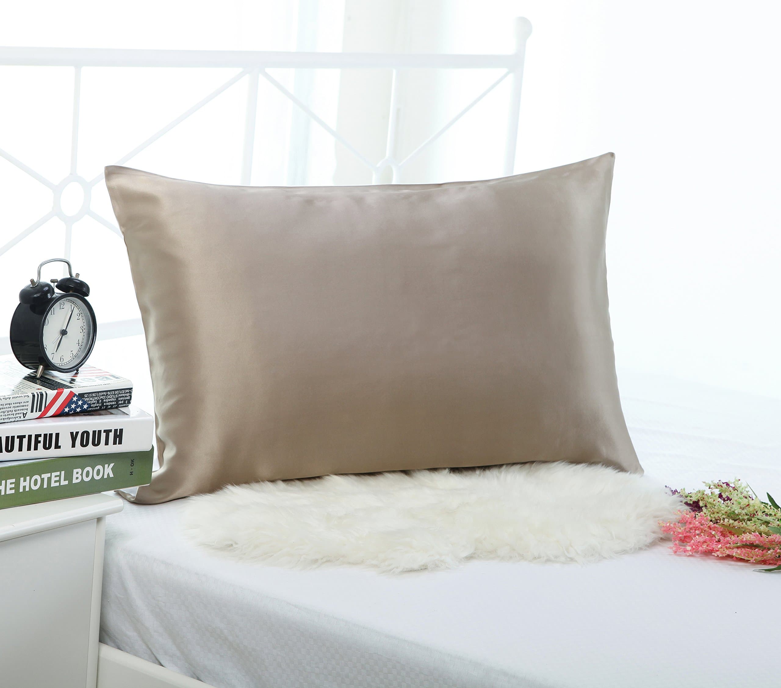 19mm 100% Premium Luxury Pure Mulberry Silk Pillowcase for Hair & Facial Beauty Queen/Standard Size 20x30Inch Shams with Hidden Zipper ,Both Sides Silk,1pc,19Momme (Taupe)