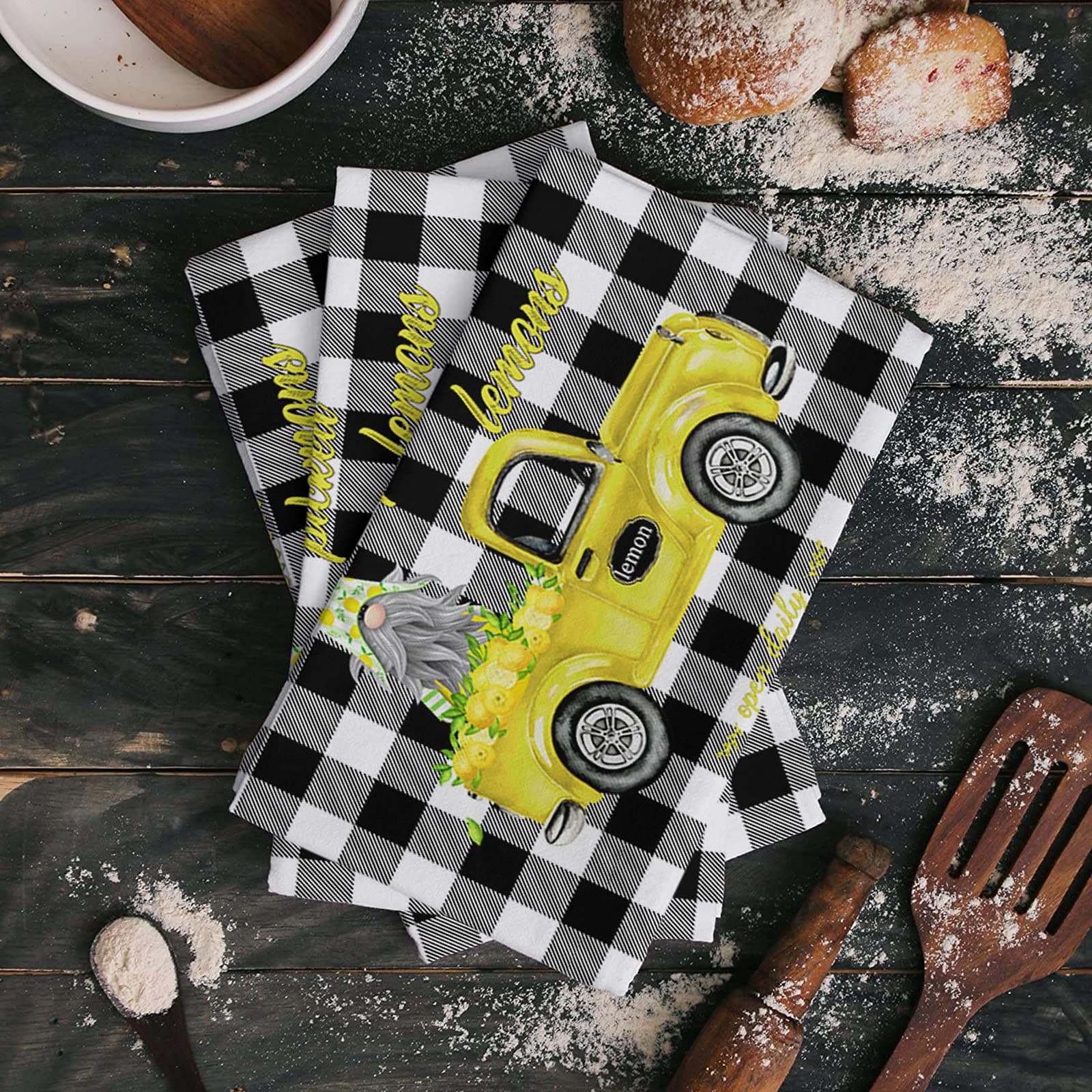 Fahome Microfiber Kitchen Towels Cleaning Cloths, Truck with Lemon Gnome Black and White Buffalo Checkered Soft and Absorbent Dish Towels, 1 Pack Dishcloths Wash Drying Dishes Rags, 18" x 28"