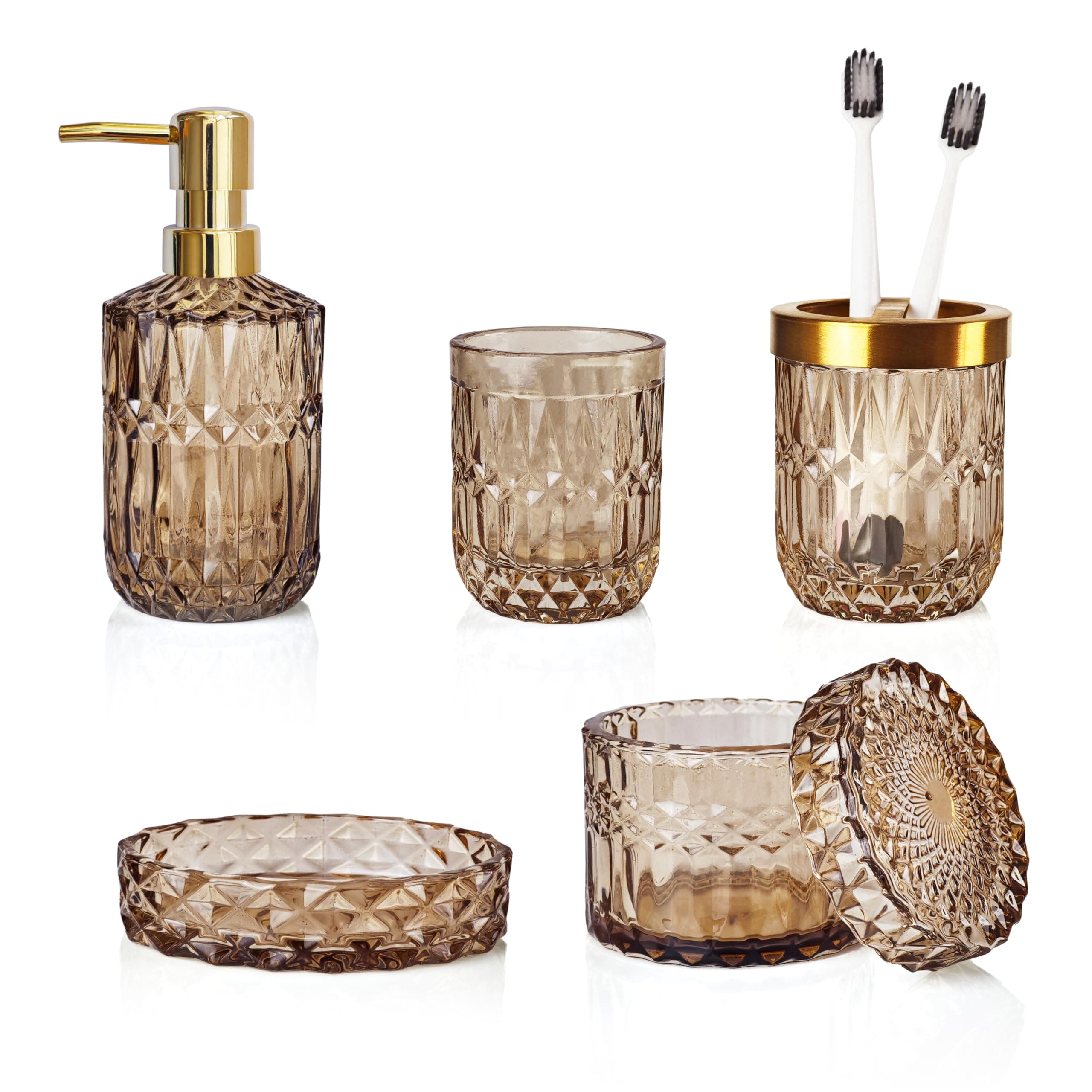 Brown Bathroom Accessories Set, 5Pcs Glass Bathroom Accessories, Lotion Soap Dispenser, Toothbrush Holder Set, Soap Dish, Qtip Holder, Tumbler for Crystal Vintage Bathroom Decor, Gift Set