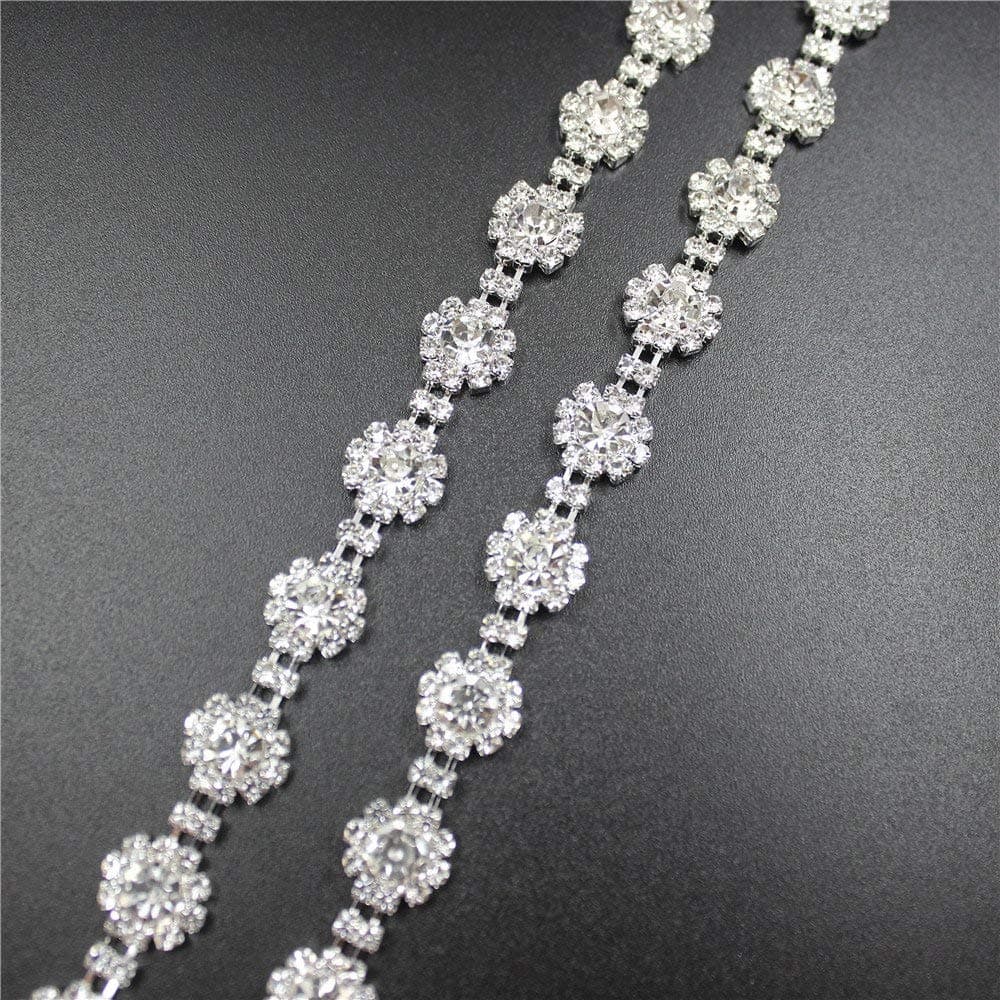 1 Yard 10mm Costume Applique Crystal Clear Rhinestone Rose Gold Chain Trims Sew On Rhinestone Wedding Belt Headband Cake Decoration (Silver Metal)