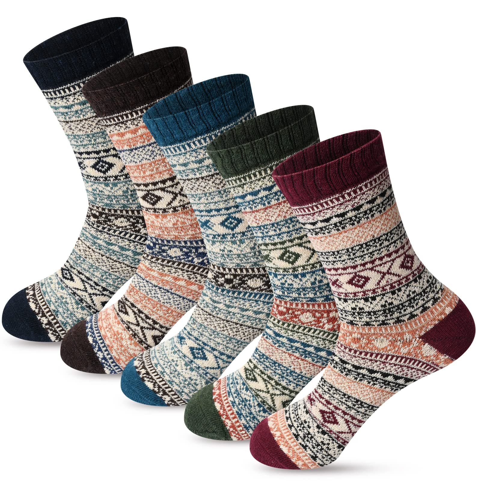 FYC Winter Womens Socks - Wool Warm Thick Knit Cozy Crew Casual Vintage Soft Socks for Women - Christmas Gifts - 5 Pairs