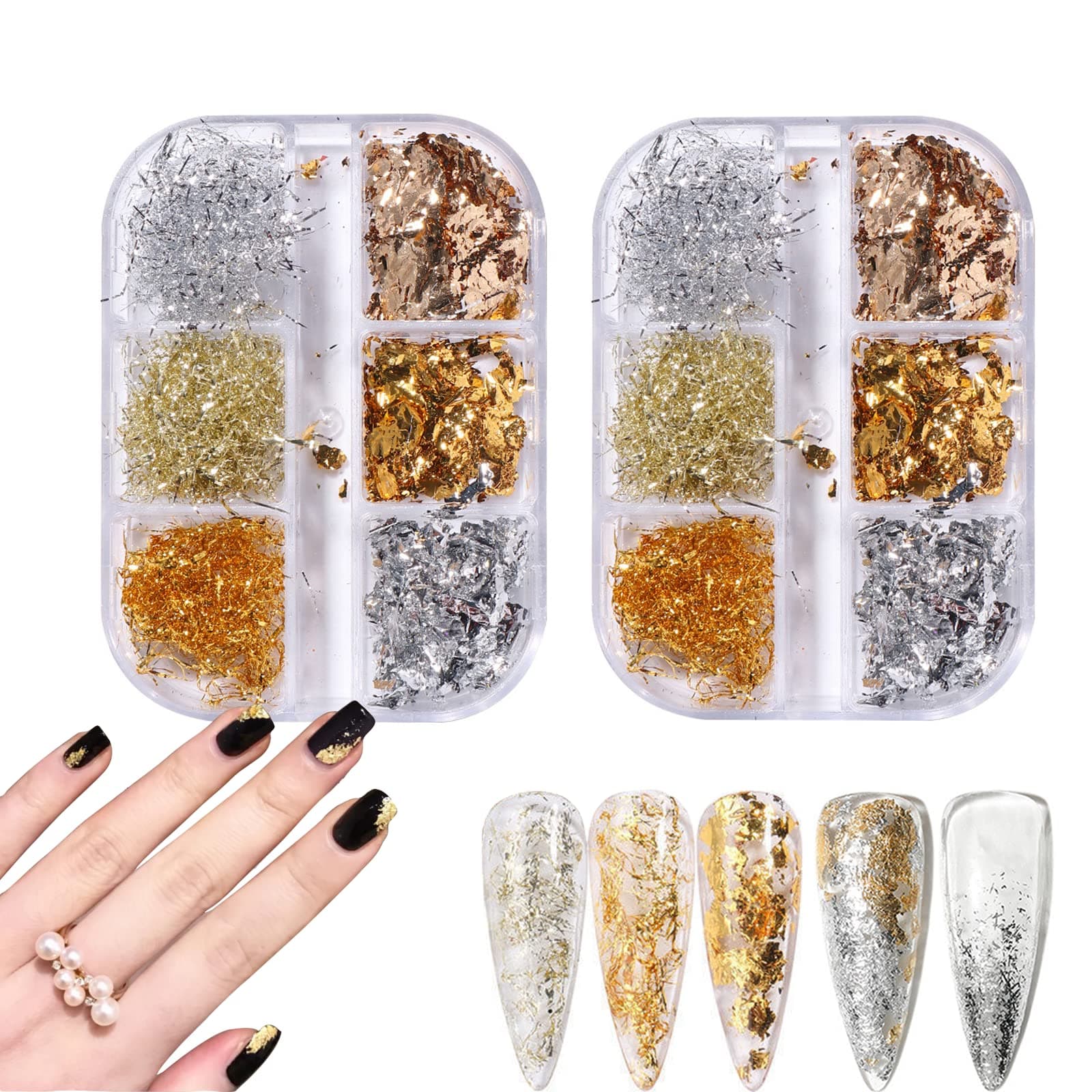 2 Boxes Nail Art Foil Flakes,HOINCO 6 Grids Nail Art Supplies Aluminum Foil Flake Metallic Gold Silver Nail Paillette Holographic Nail Foil Glitters 3D Nail Confetti for Nail Art Decorations