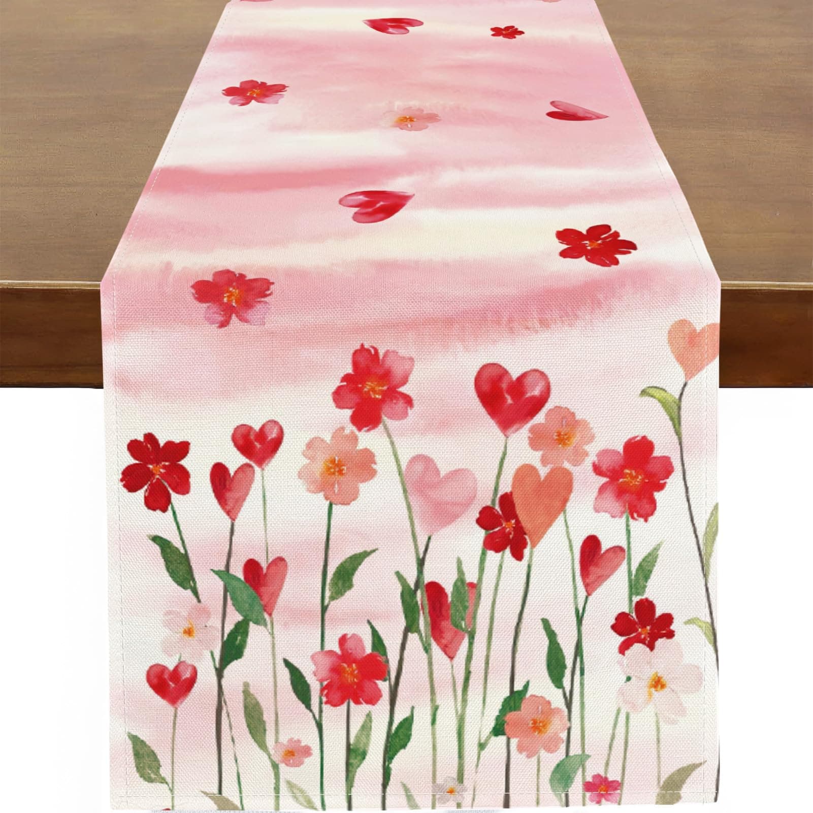 BaccessorValentine's Day Table Runner Pink Floral Flowers Love Hearts Runner for Table Kitchen Dinning Table Decor for Wedding Anniversary Party Holiday Home Valentine Decor 13x36 Inch