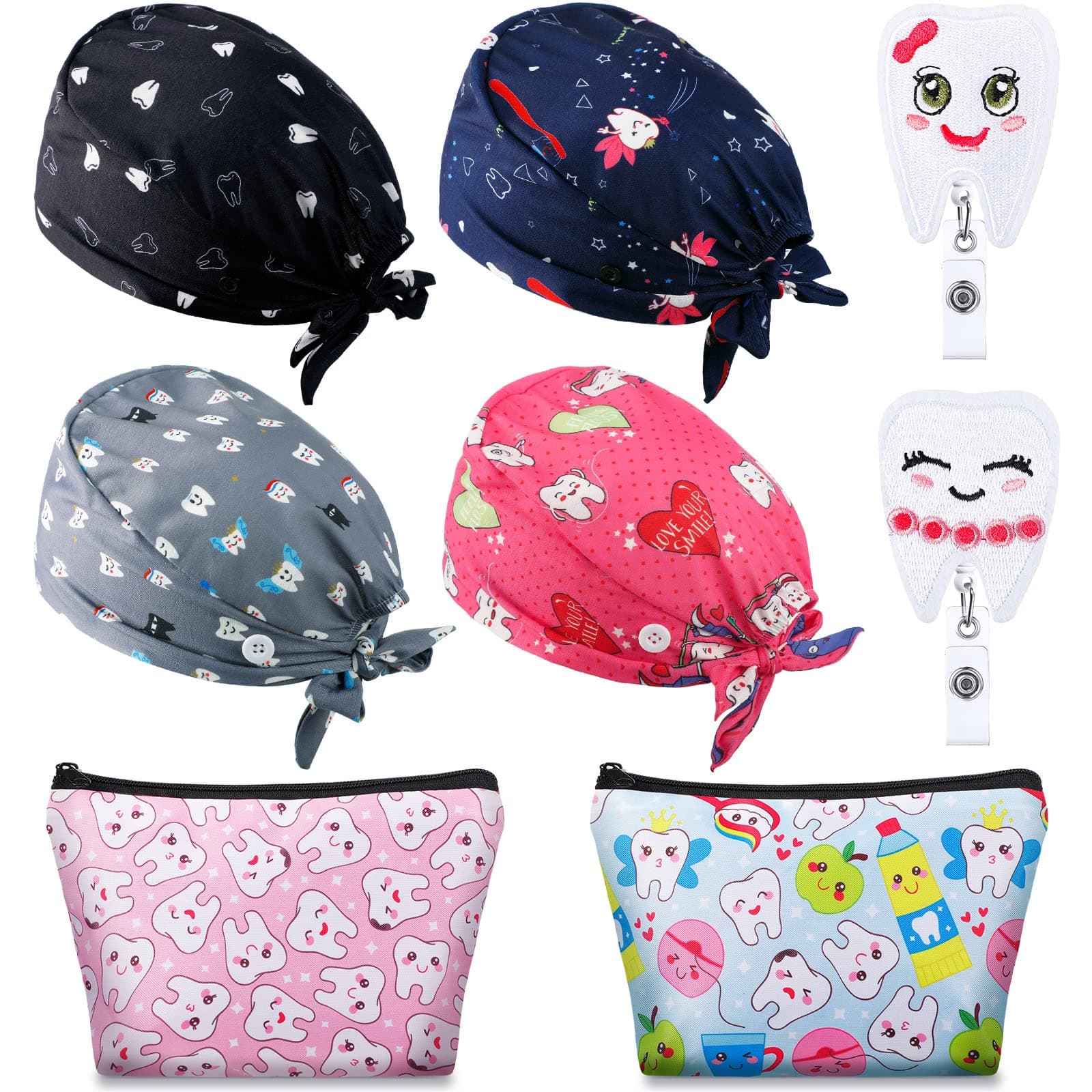 Saintrygo8 Pcs Dental Gifts Set Include 4 Dental Scrub Caps Women with Button 2 Teeth Cosmetic Bags for Women 2 Felt Tooth Shape Badge Holders Makeup Bags Nurse Hair Cover Retractable Badge Reel,
