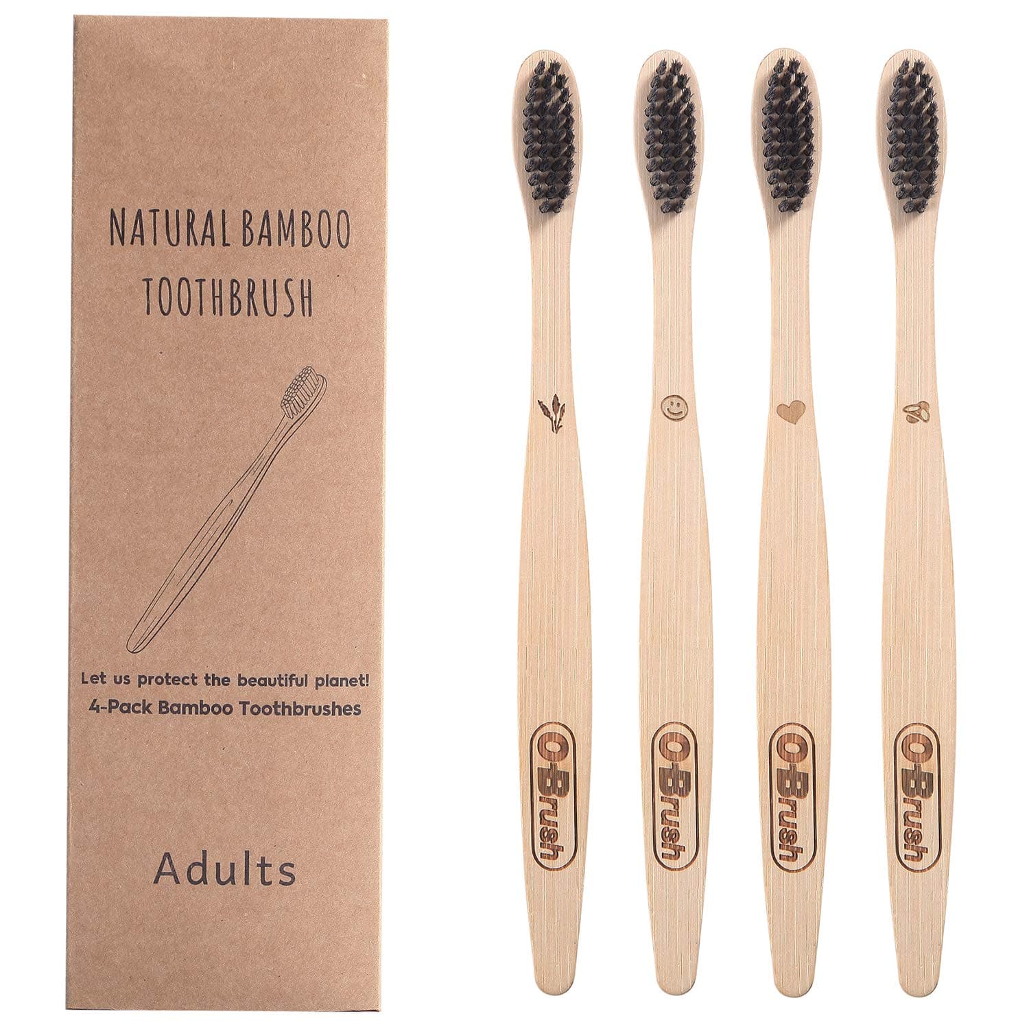 Bamboo Charcoal Toothbrush, Tooth Brush for Adult, Charcoal Bristles Bamboo Tooth Brush Biodegradable Handle with Medium Nylon Bristles ,Four Patterns,Set of 4