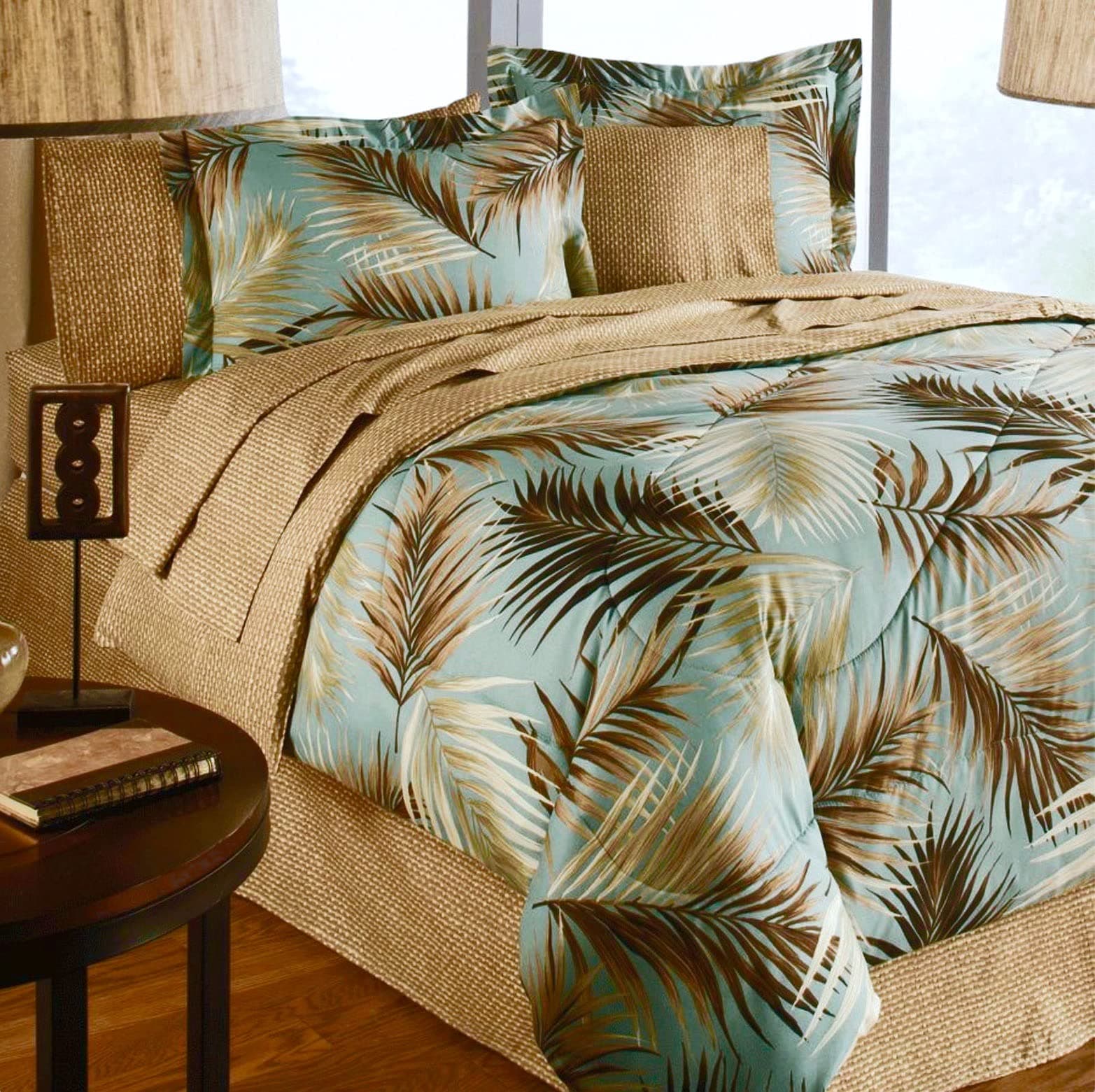 Tropical Palm Tree Leaf/Leaves Ocean Beach Coastal Bedding 6 Pieces Comforter Set Bed in a Bag (Twin Size)