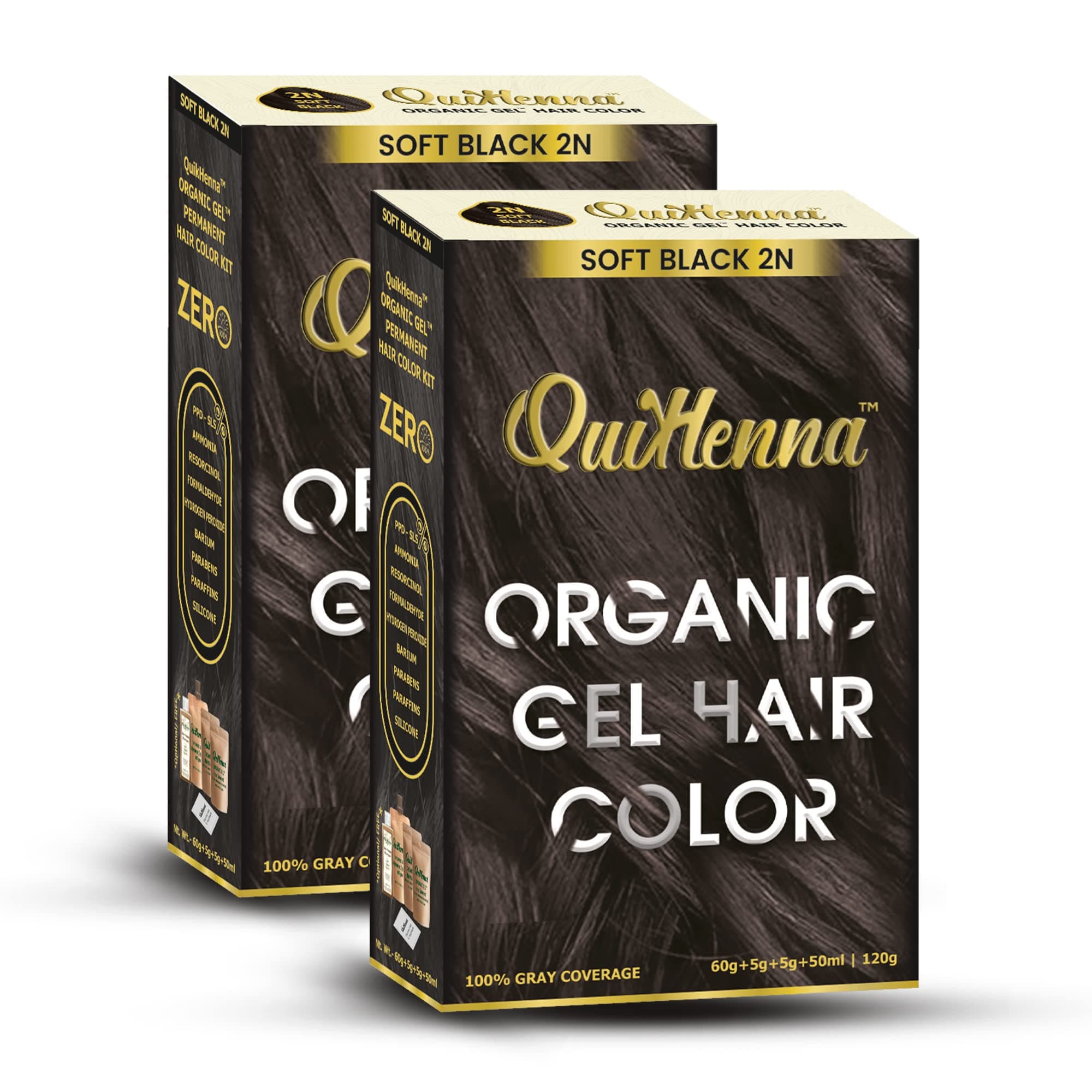 Organic Hair Colour Gel 2N Soft Black - PPD & Ammonia Free Permanent Natural Hair Color, 100% Grey Coverage, Long Lasting Gel Colour for Men & Women, 120gm (Pack of 2)