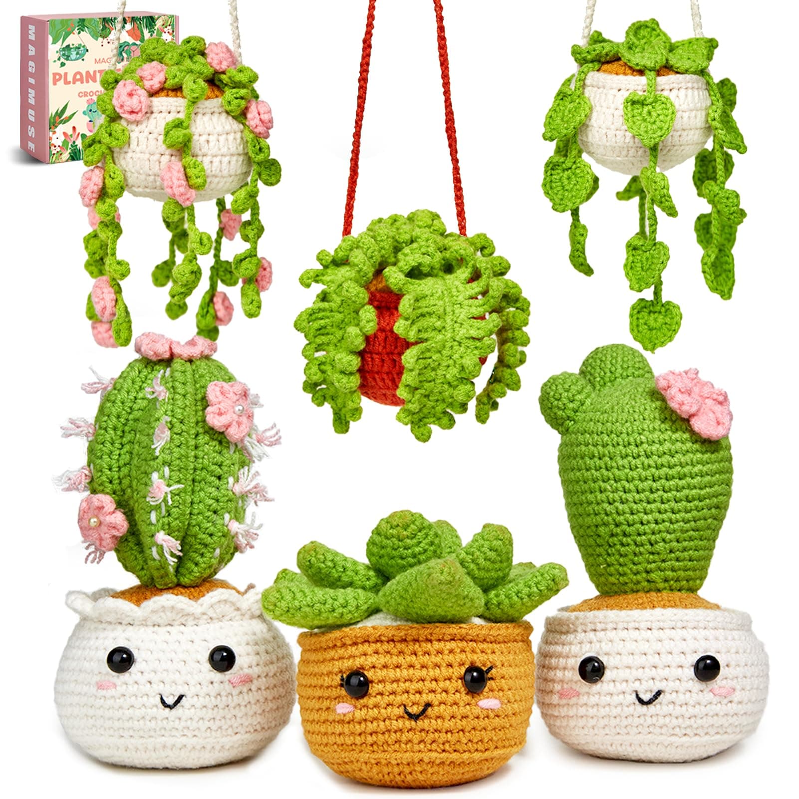 Crochet Kit for Beginners, Crochet Starter Kits, Amigurumi Craft Knitting Crocheting Kits with Step-by-Step Video Tutorials, 6 Pack Hanging Potted Plants Family(40%+ Yarn
