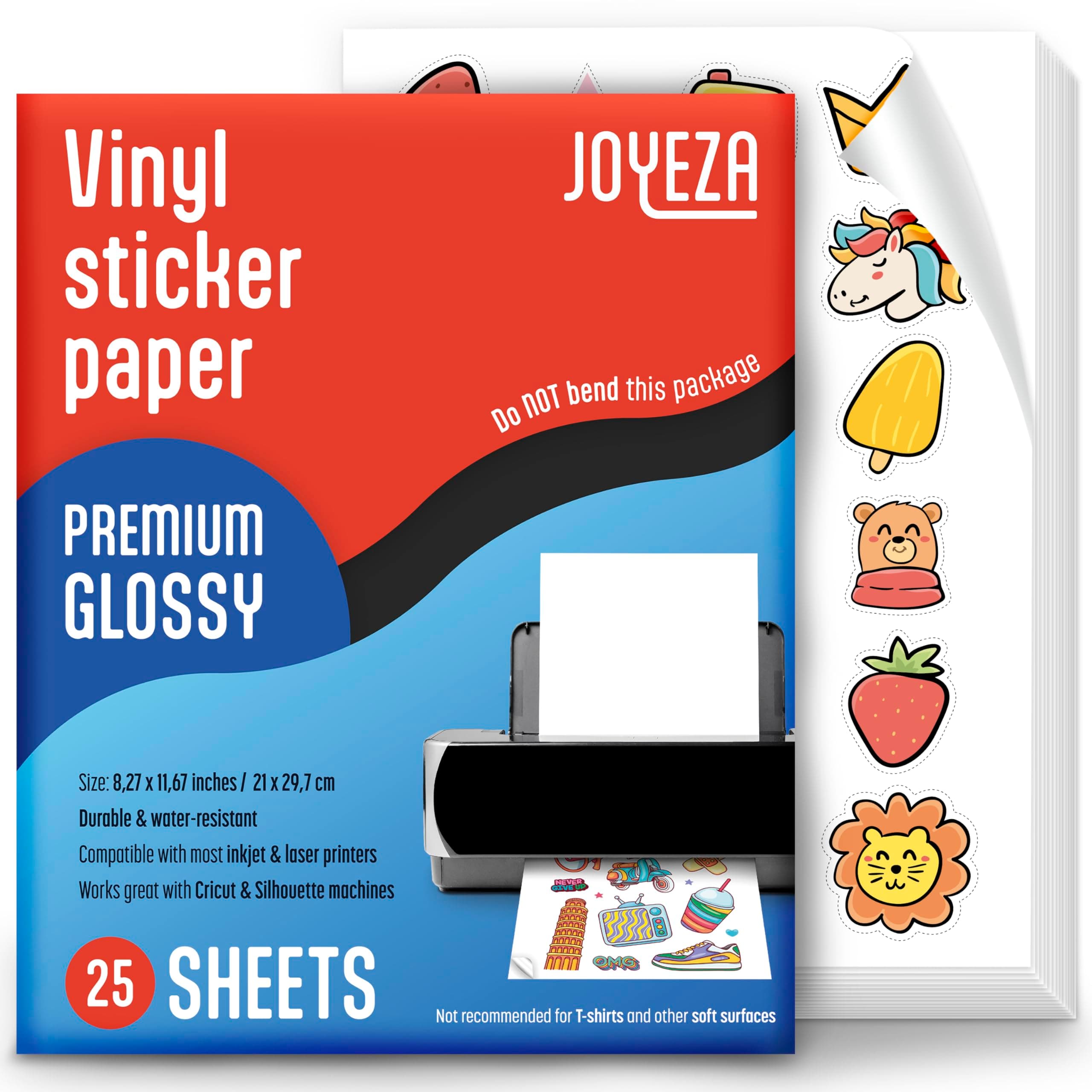 JOYEZA Premium Printable Vinyl Sticker Paper for Inkjet Printer - 25 Sheets Glossy White Waterproof, Dries Quickly Vivid Colors, Holds Ink well - Inkjet & Laser Printer - Pack may Vary