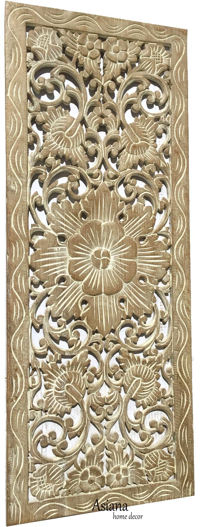 Large Carved Wood Wall Panel. Floral Wood Carved Wall Decor. Size 35.5"x13.5"x0.5" (Light White Wash)