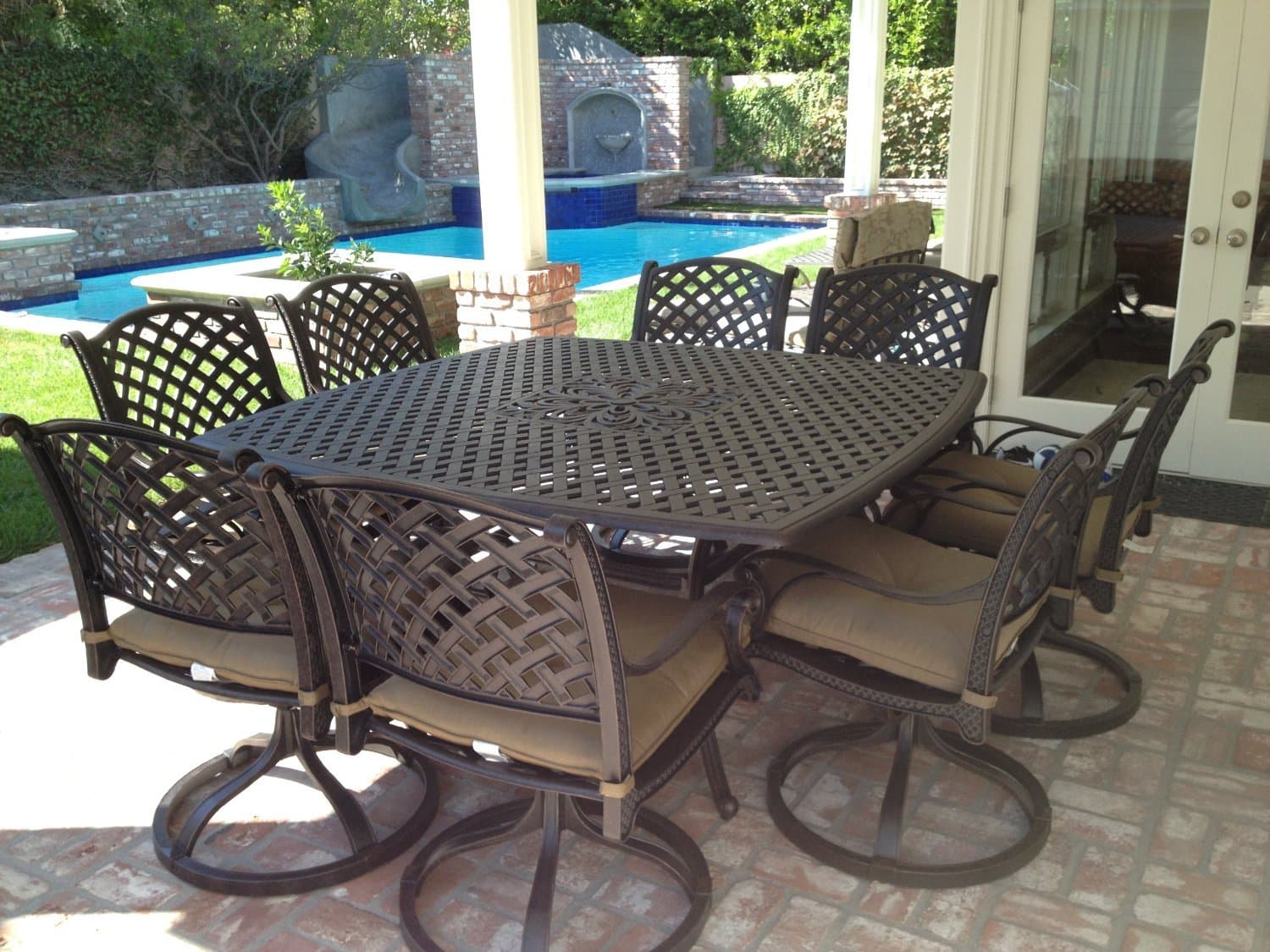 Nassau Cast Aluminum Powder Coated 9pc Outdoor Patio Dining Set with 64"x64" Square Table - Antique Bronze