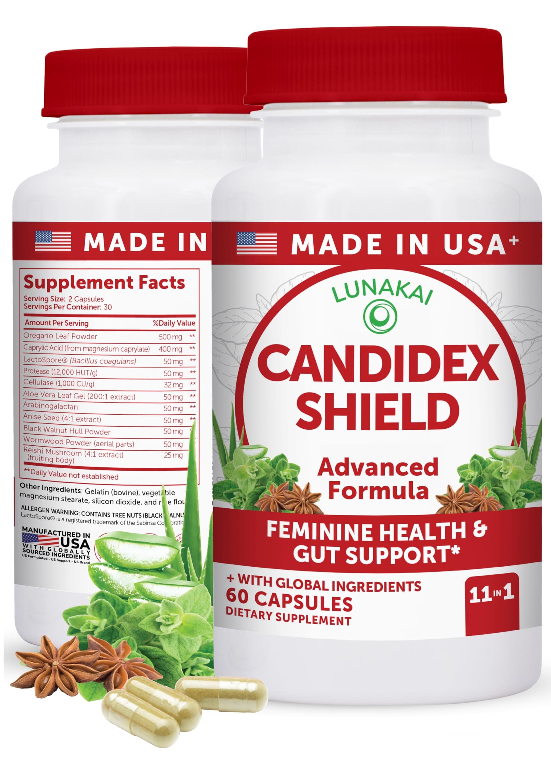 Lunakai USA Made Candida Cleanse Detox for Women & Men – 11-in-1 Gut Cleanse & Candida Support with Caprylic Acid for Daily Yeast Balance, 60ct
