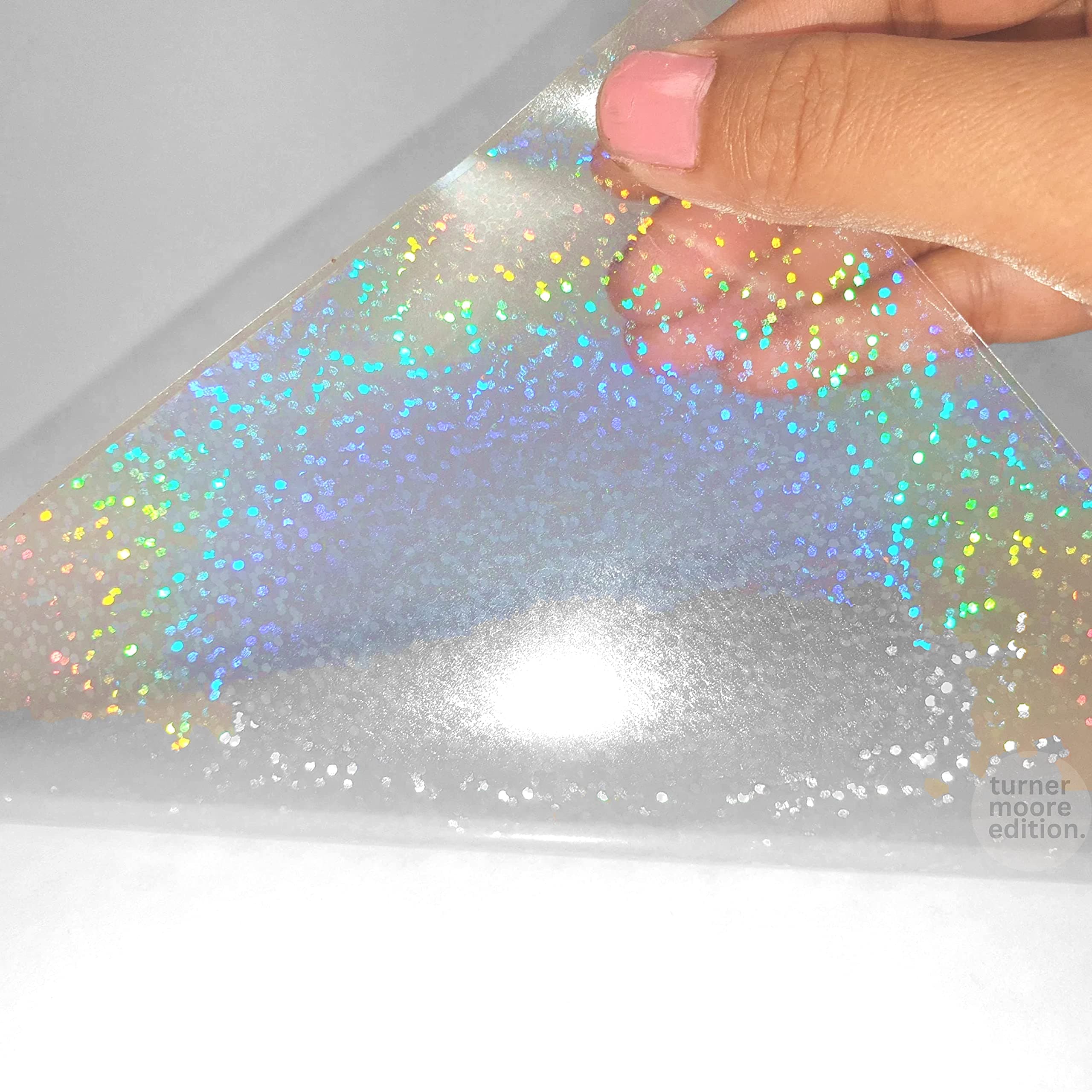 Sparkle Holographic Laminate, 12"x12" Self-Adhesive Laminating Sheets Vinyl for Cricut, Stickers, Trading Cards, Photos, Scrapbooking, Journals, Planners by Turner Moore Edition (Transparent, 5-Pack)