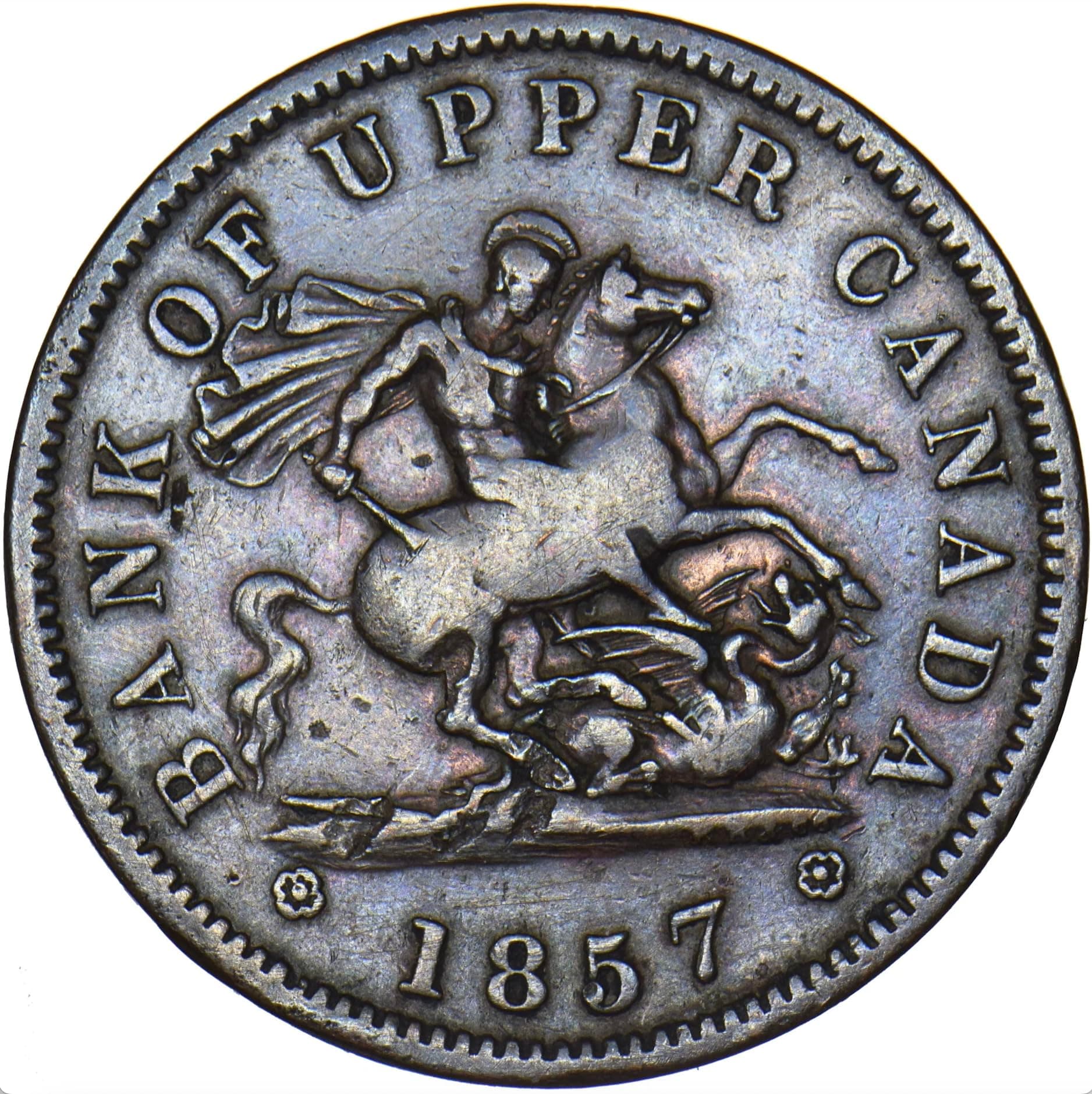 1850-1857 Bank Of Upper Canada One Cent Coin. Pioneer Era Coin With George Slaying The Dragon Motif. 1 Penny Graded By Seller. Circulated Condition.