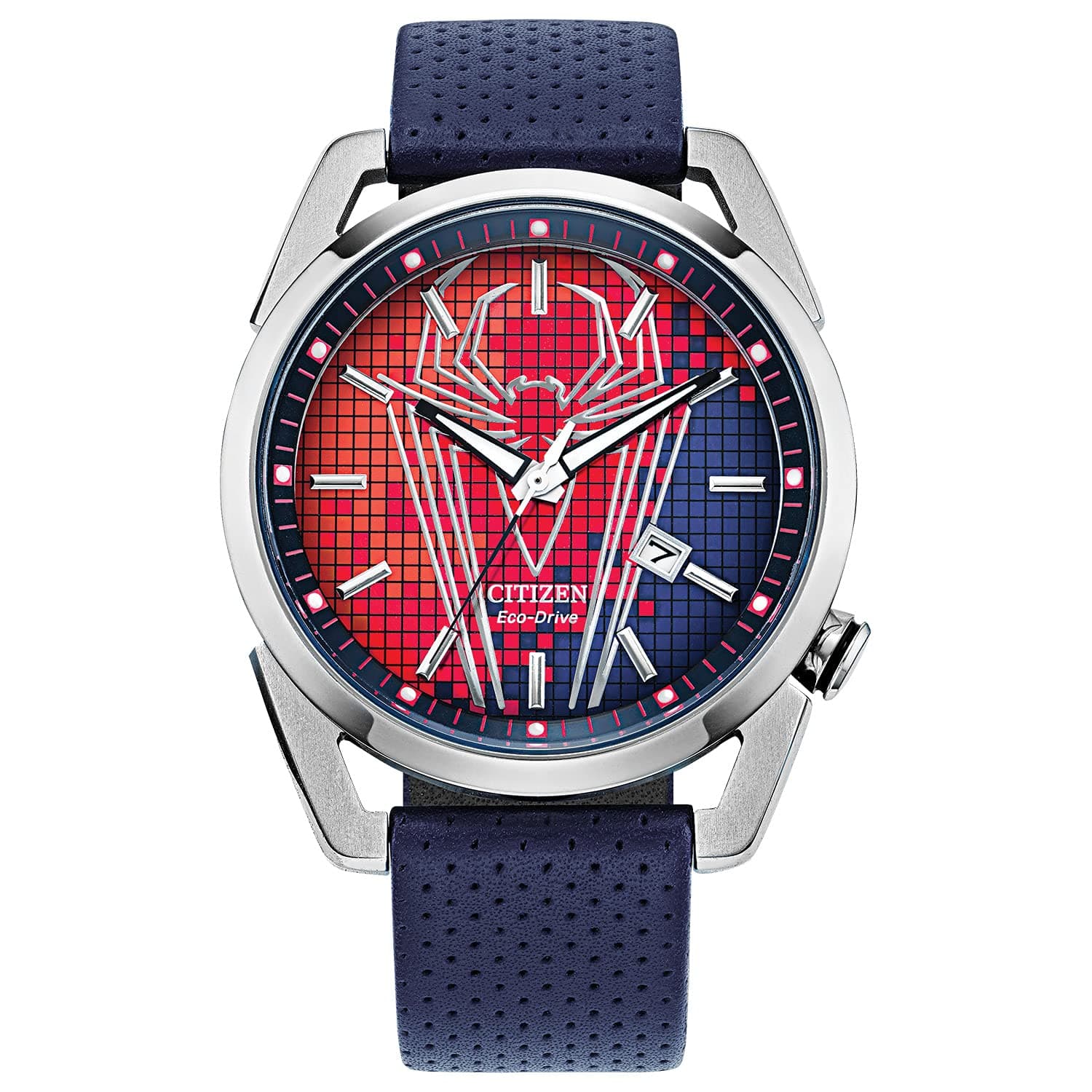 Eco-Drive Men's Marvel Spider Man Watch in Stainless Steel with Blue Polyurethane Strap, Spider Man Art Blue Dial, 3-Hand Date, 42mm (Model: AW1680-03W)