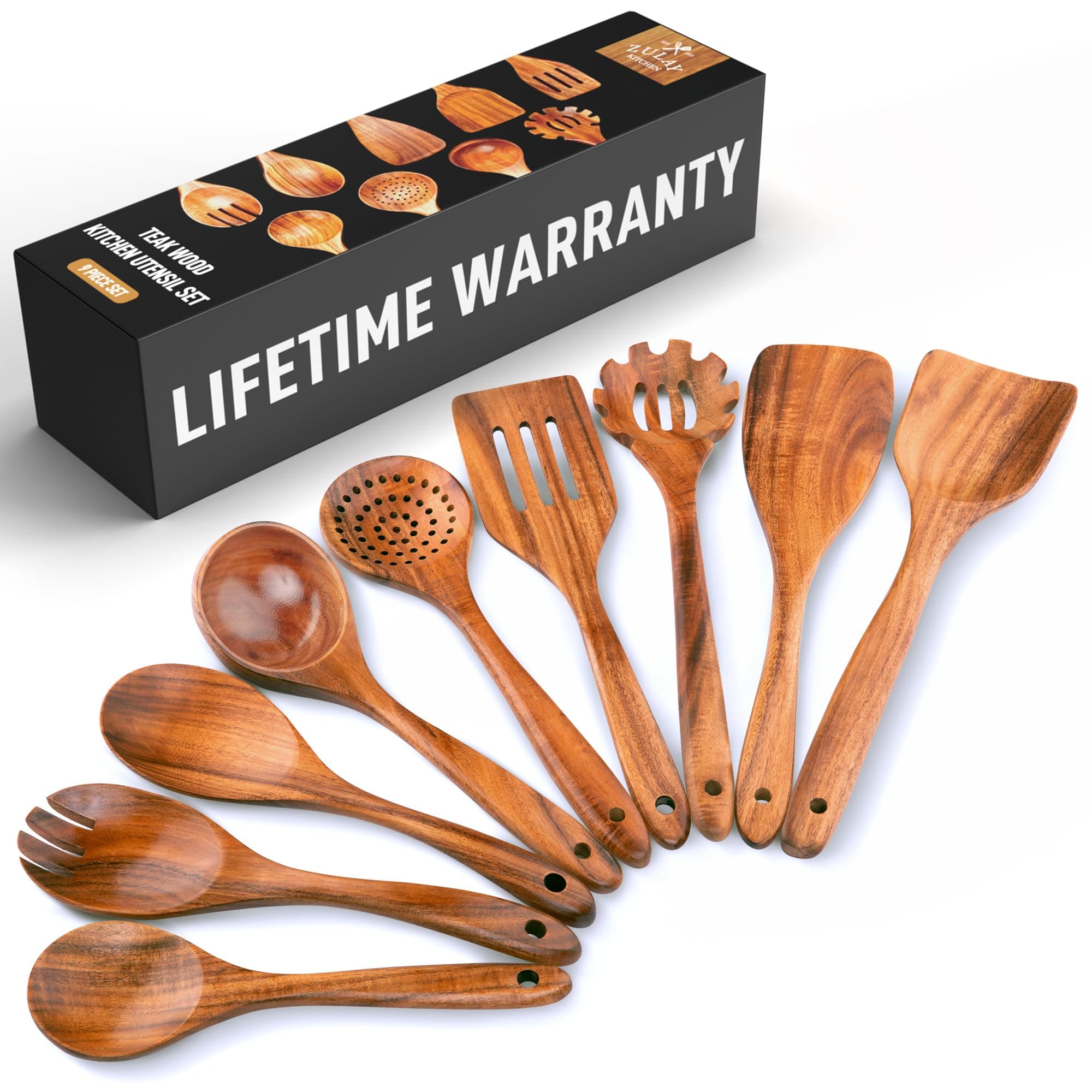 9-Piece Teak Wooden Utensils for Cooking - Smooth Finish Natural Teak Utensil Set - Non-Stick Wooden Spoons for Cooking - Kitchen Gift Set - Comfortable Grip Wooden Utensil Set